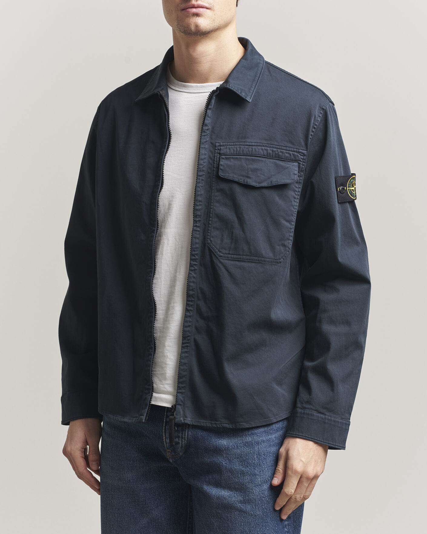 Uomini | Camicie | Stone Island | Cotton Stretch Zip Overshirt Navy