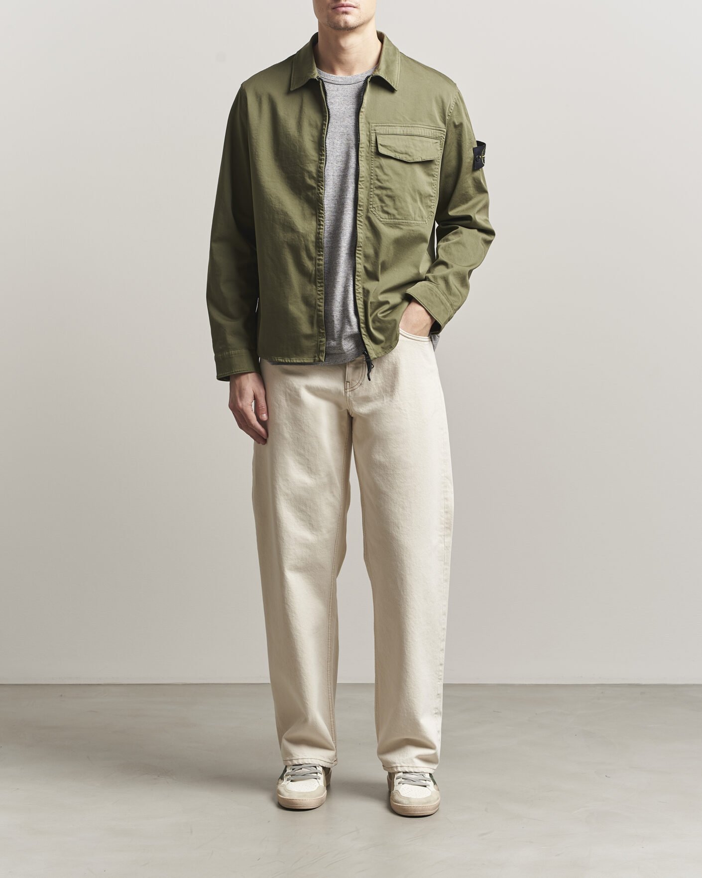 Uomini | Camicie | Stone Island | Cotton Stretch Zip Overshirt Military Green