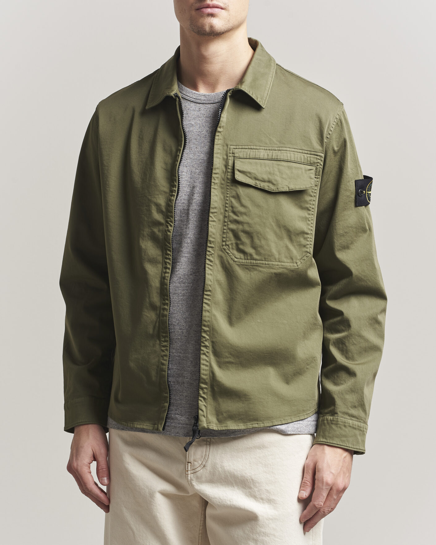 Uomini | Camicie | Stone Island | Cotton Stretch Zip Overshirt Military Green