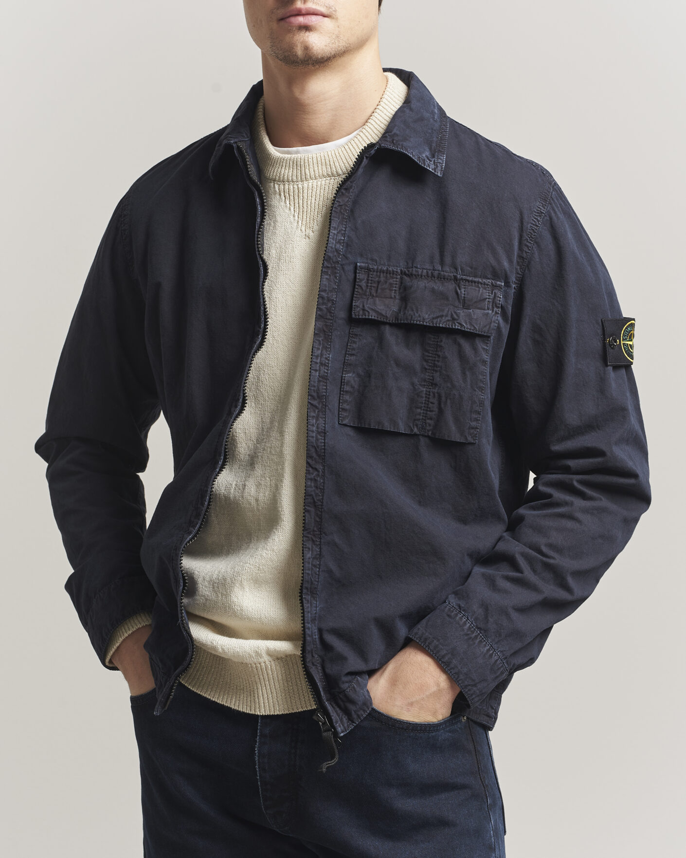Uomini | Camicie | Stone Island | Brushed Cotton Canvas Zip Overshirt Navy