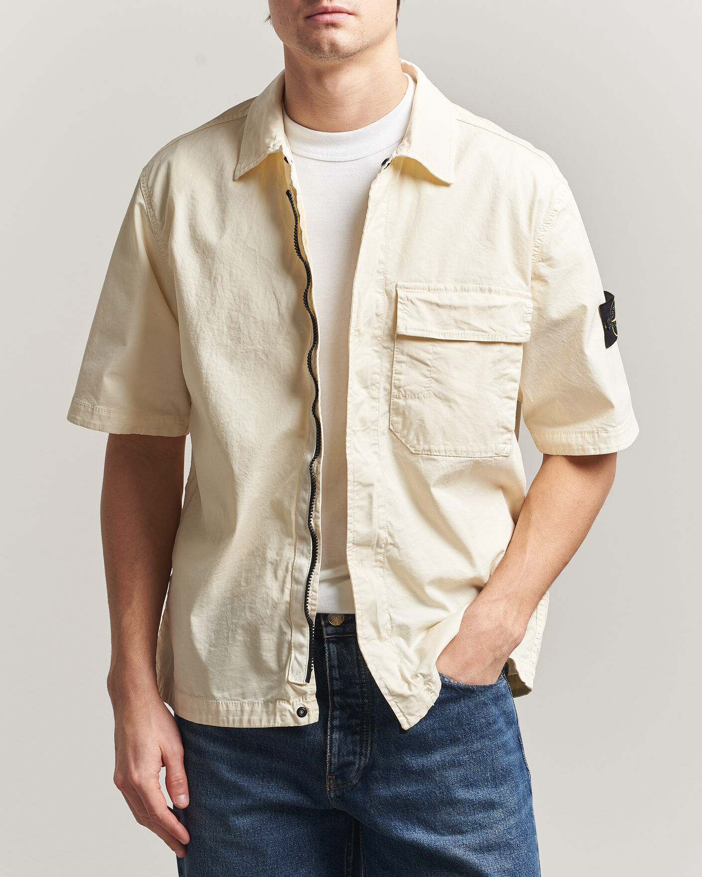 Uomini | Camicie | Stone Island | Organic Cotton Twill Short Sleeve Shirt Ivory