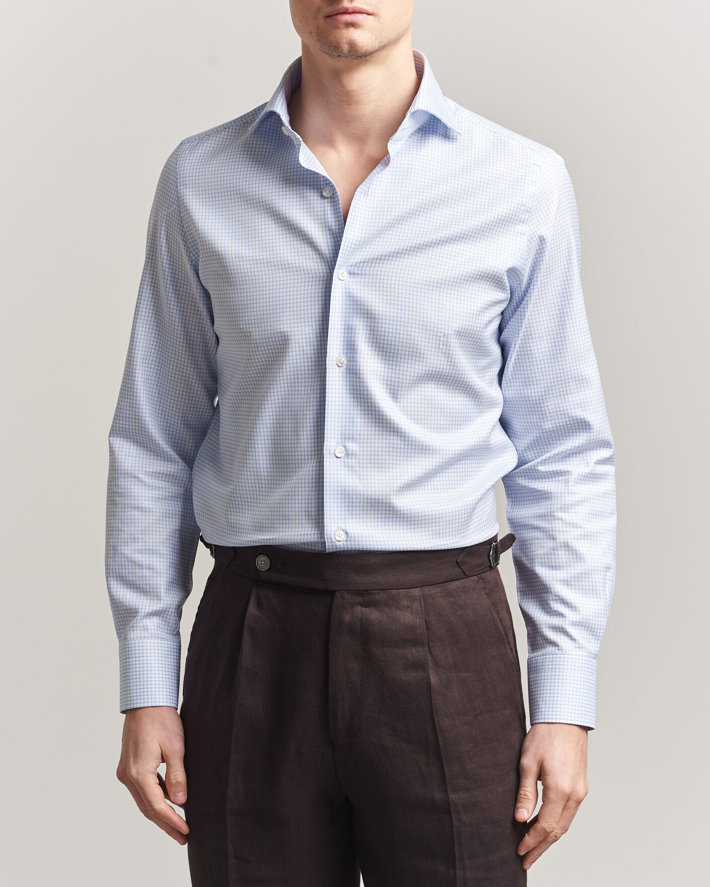 Uomini | Camicie | Finamore Napoli | Milano Slim Twill Shirt Light Blue Check