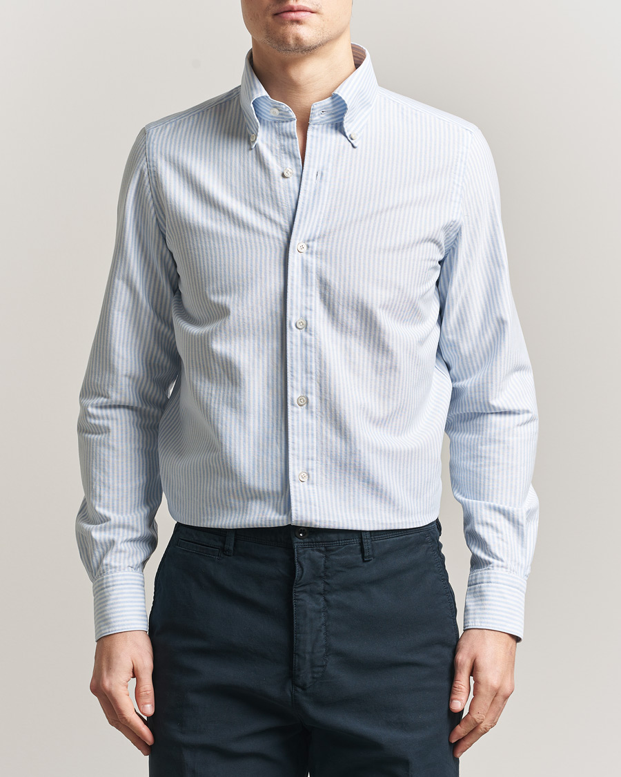 Uomini | Camicie | Finamore Napoli | Gaeta Oxford Button Down Shirt Light Blue Stripe