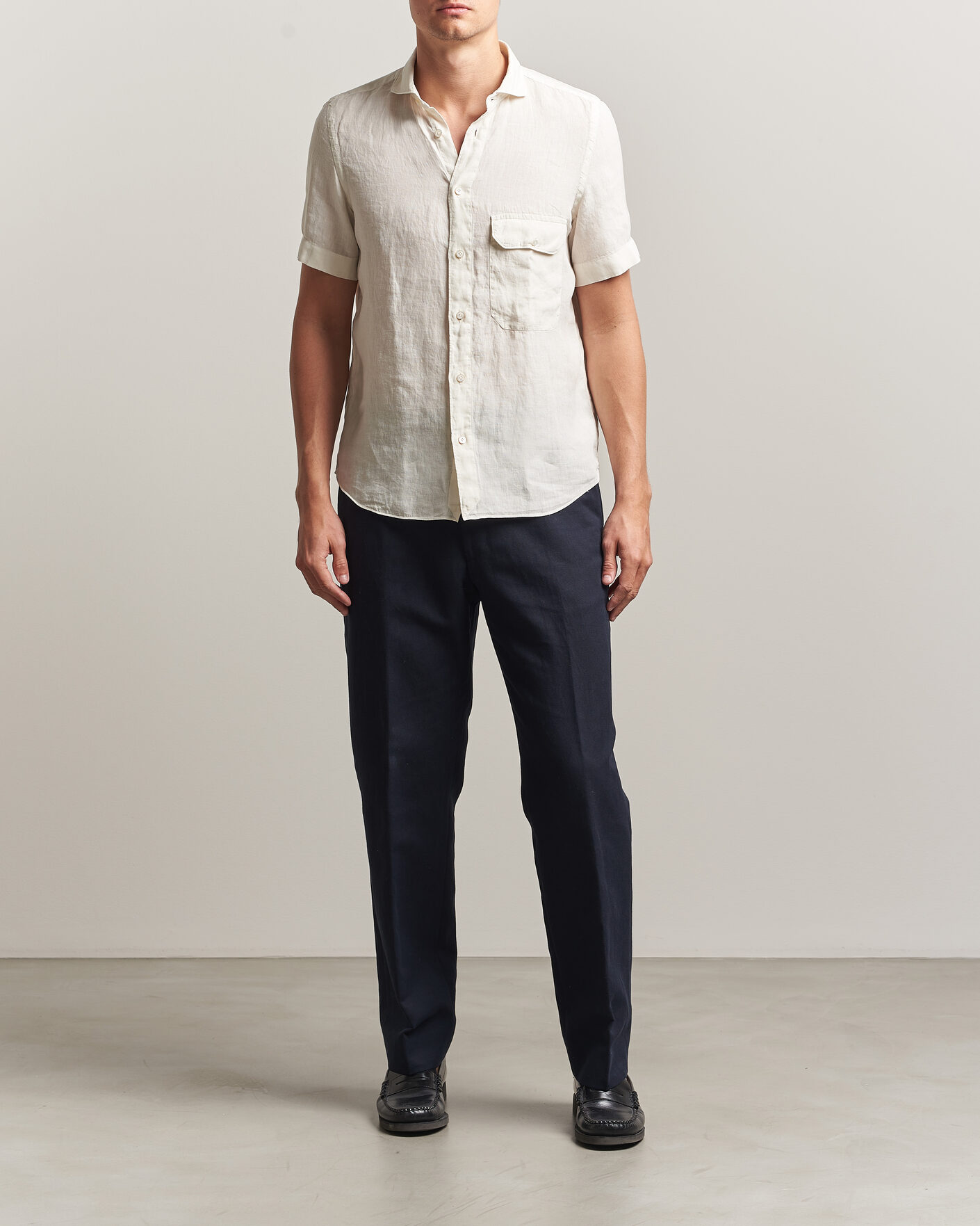 Uomini | Camicie | Finamore Napoli | Linen Short Sleeve Sport Shirt Off White