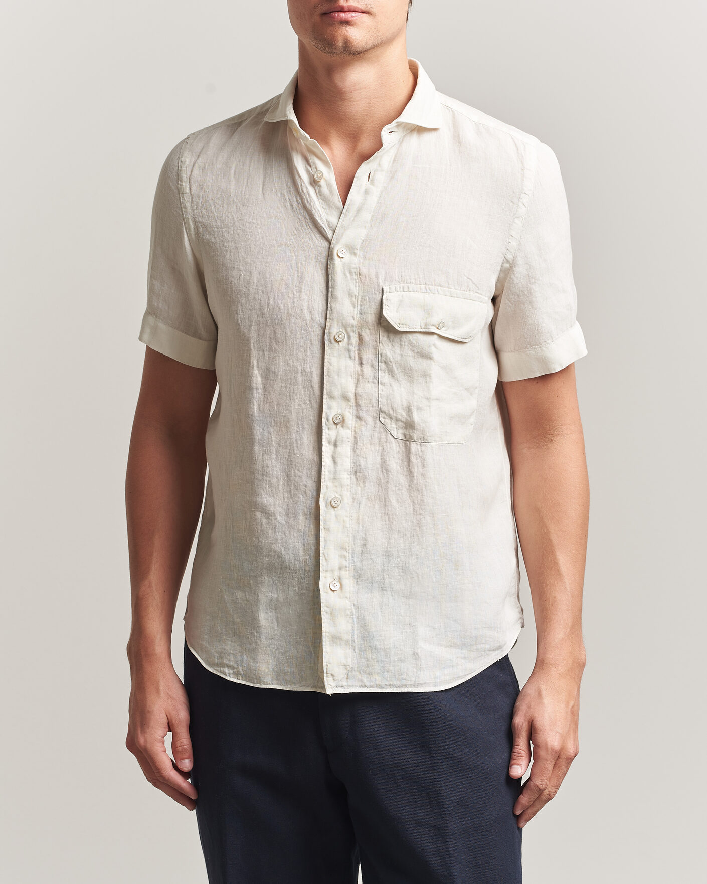 Uomini | Camicie | Finamore Napoli | Linen Short Sleeve Sport Shirt Off White