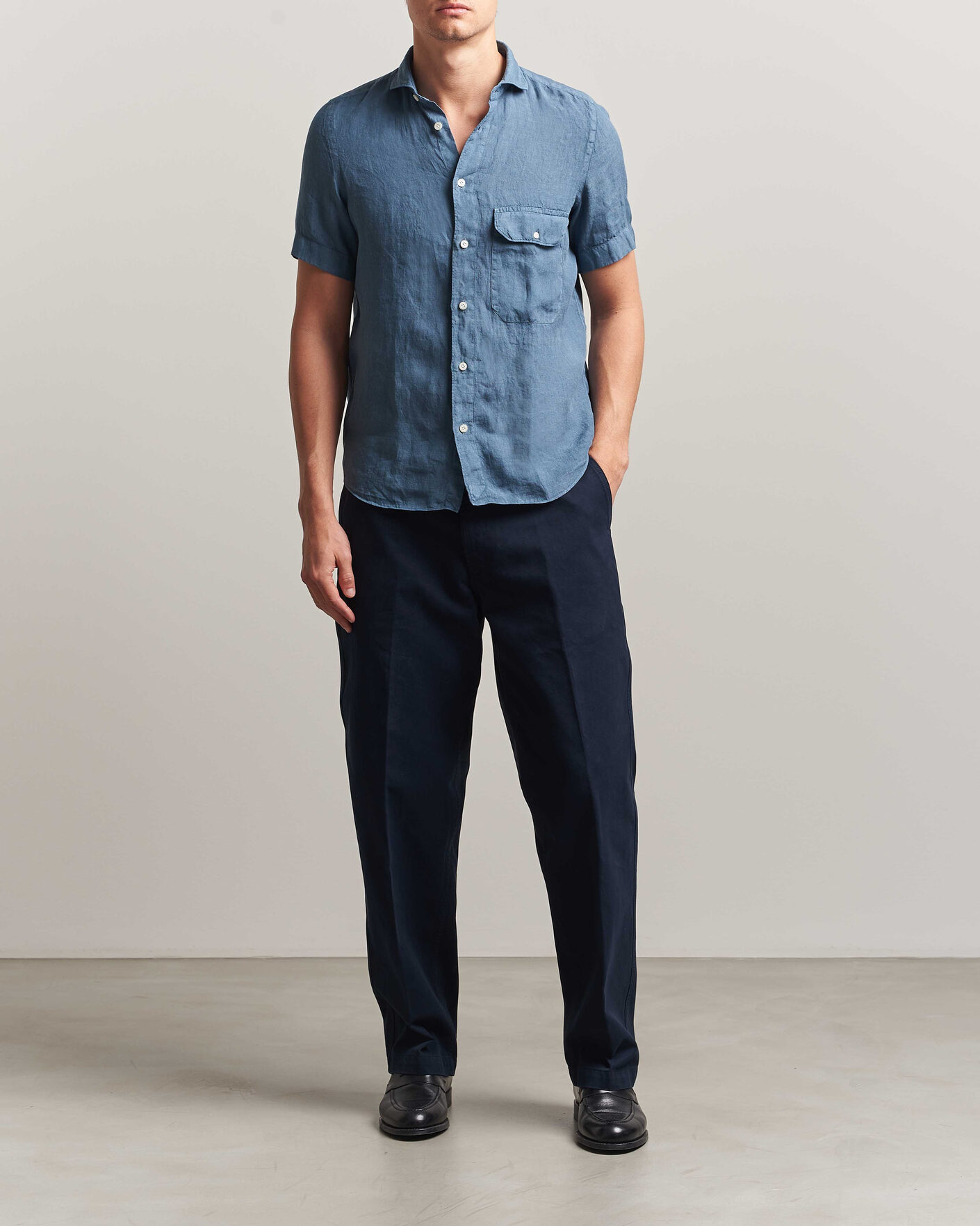 Uomini | Camicie | Finamore Napoli | Linen Short Sleeve Sport Shirt Dark Blue