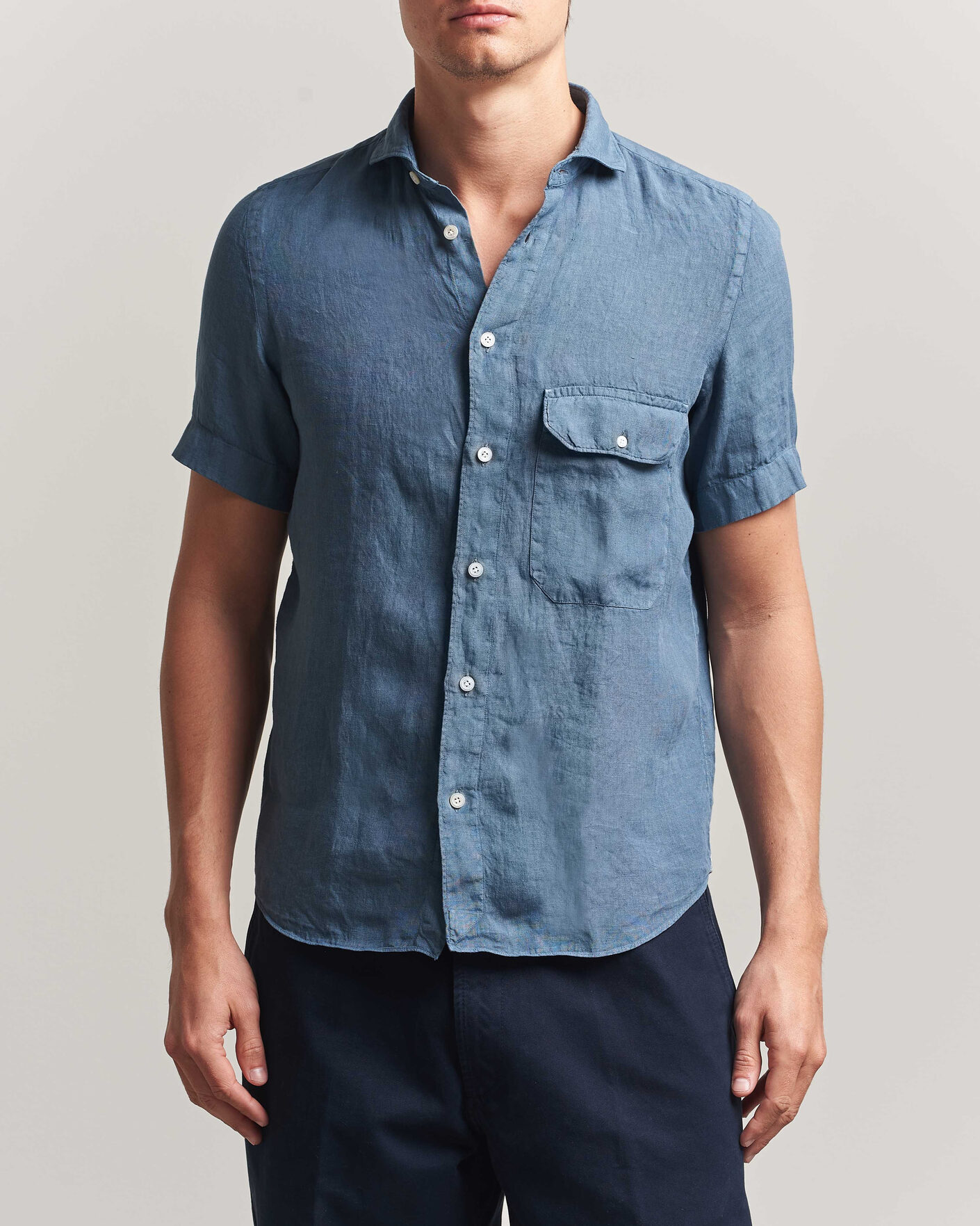 Uomini | Camicie | Finamore Napoli | Linen Short Sleeve Sport Shirt Dark Blue