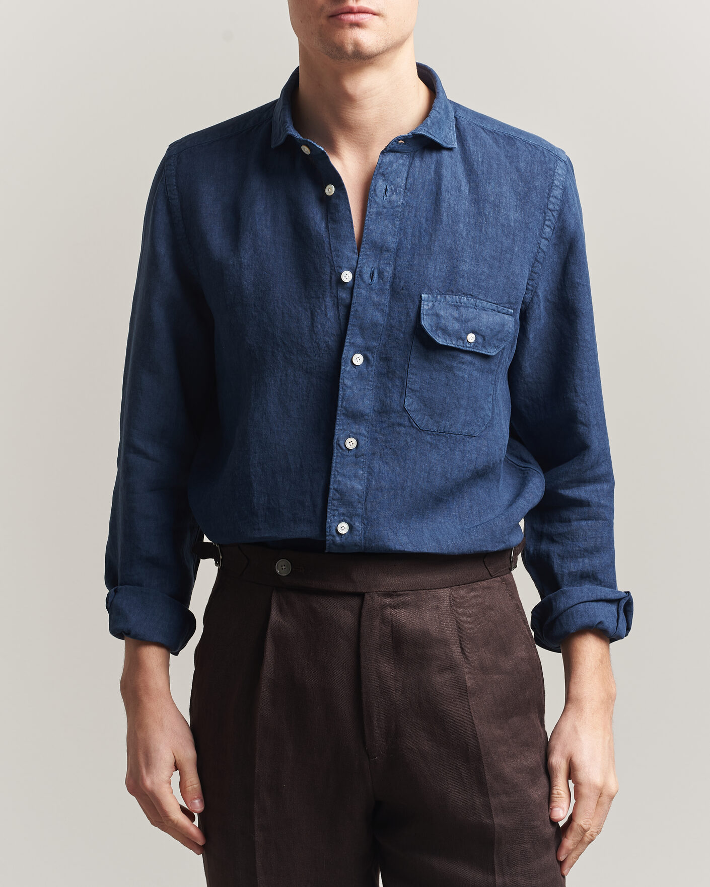 Uomini | Camicie | Finamore Napoli | Salina Garment Dyed Linen Overshirt Navy