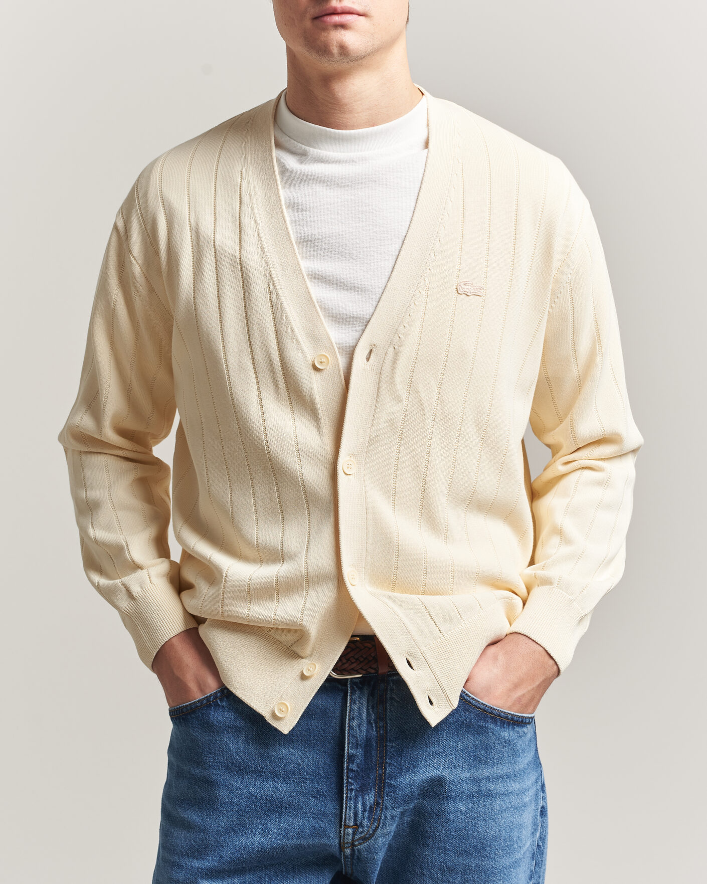 Uomini | Maglieria | Lacoste | Cotton Structured Knitted Cardigan Naturel Clair