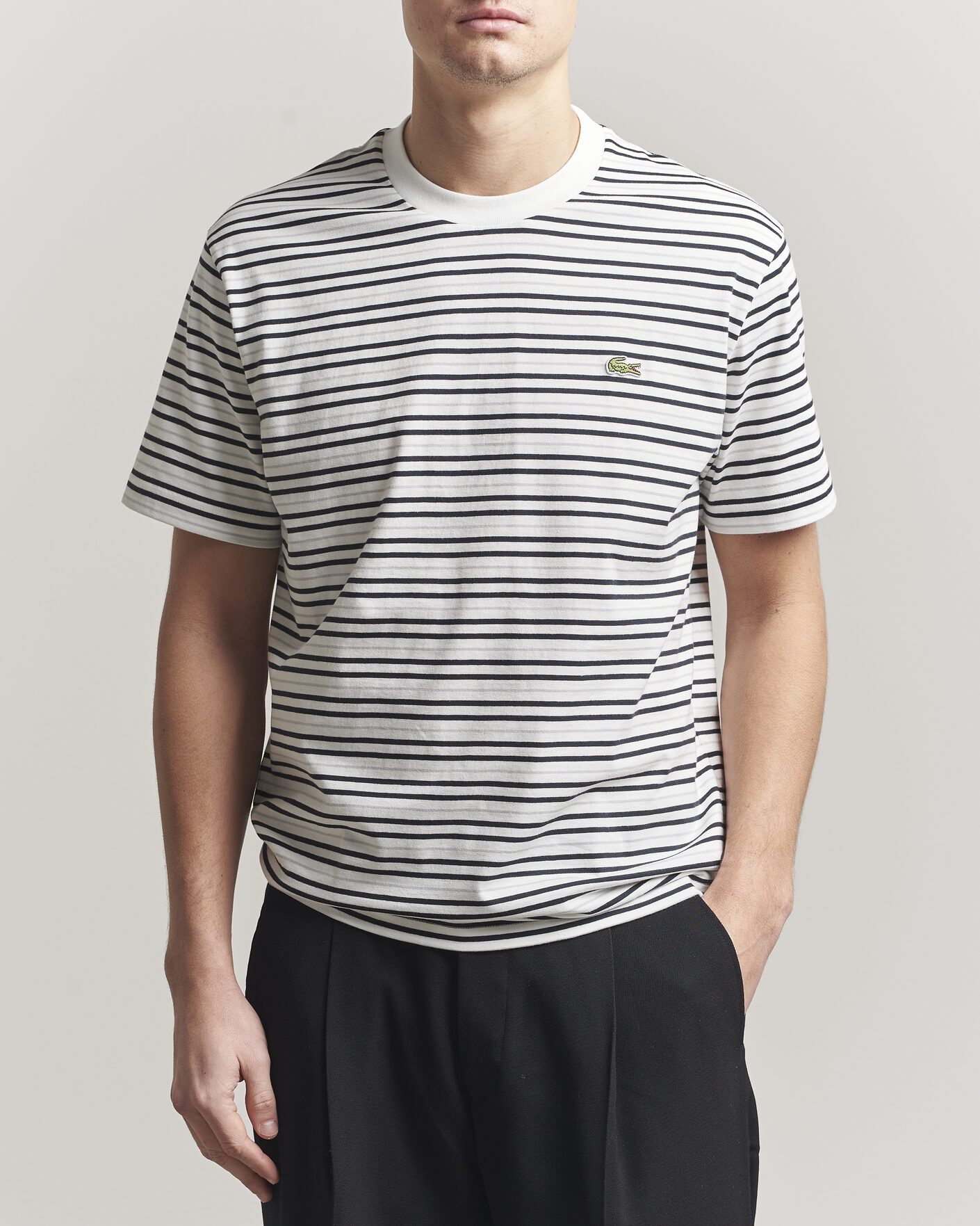 Uomini | T-shirt | Lacoste | Cotton Striped T-Shirt Blackbird/Flour