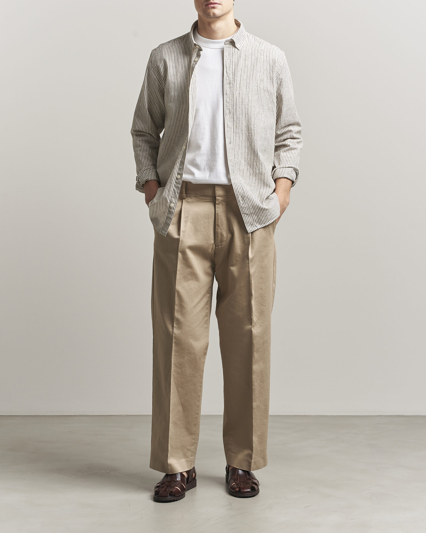 Uomini | Camicie | LES DEUX | Konrad Striped Cotton/Linen Shirt Teak Brown