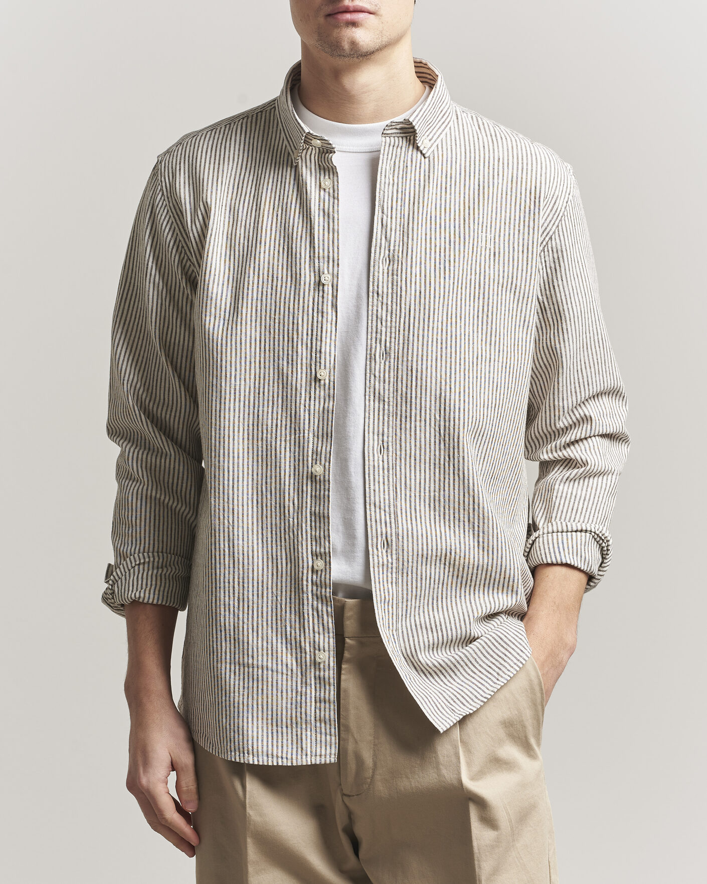 Uomini | Camicie | LES DEUX | Konrad Striped Cotton/Linen Shirt Teak Brown