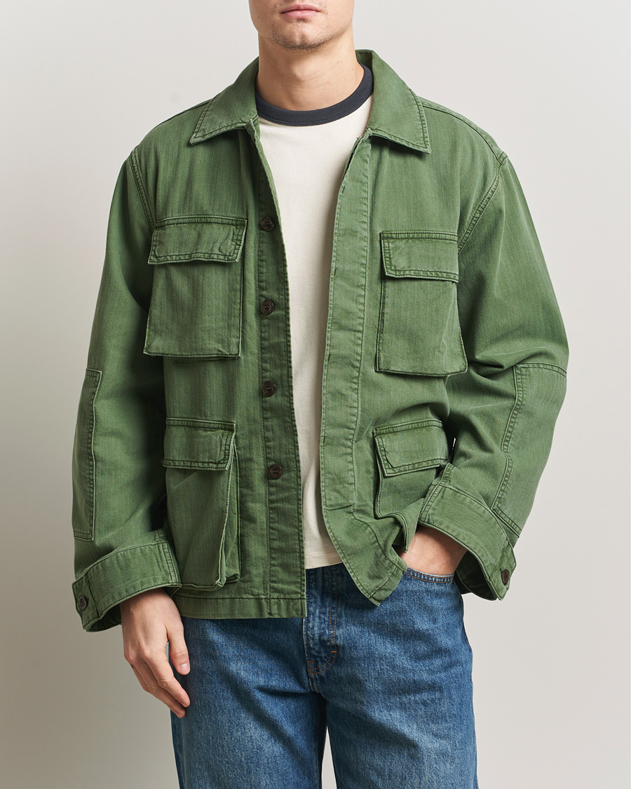 Uomini | Giacche | Jeanerica | Luc Herringbone Shirt Jacket Chevron Green