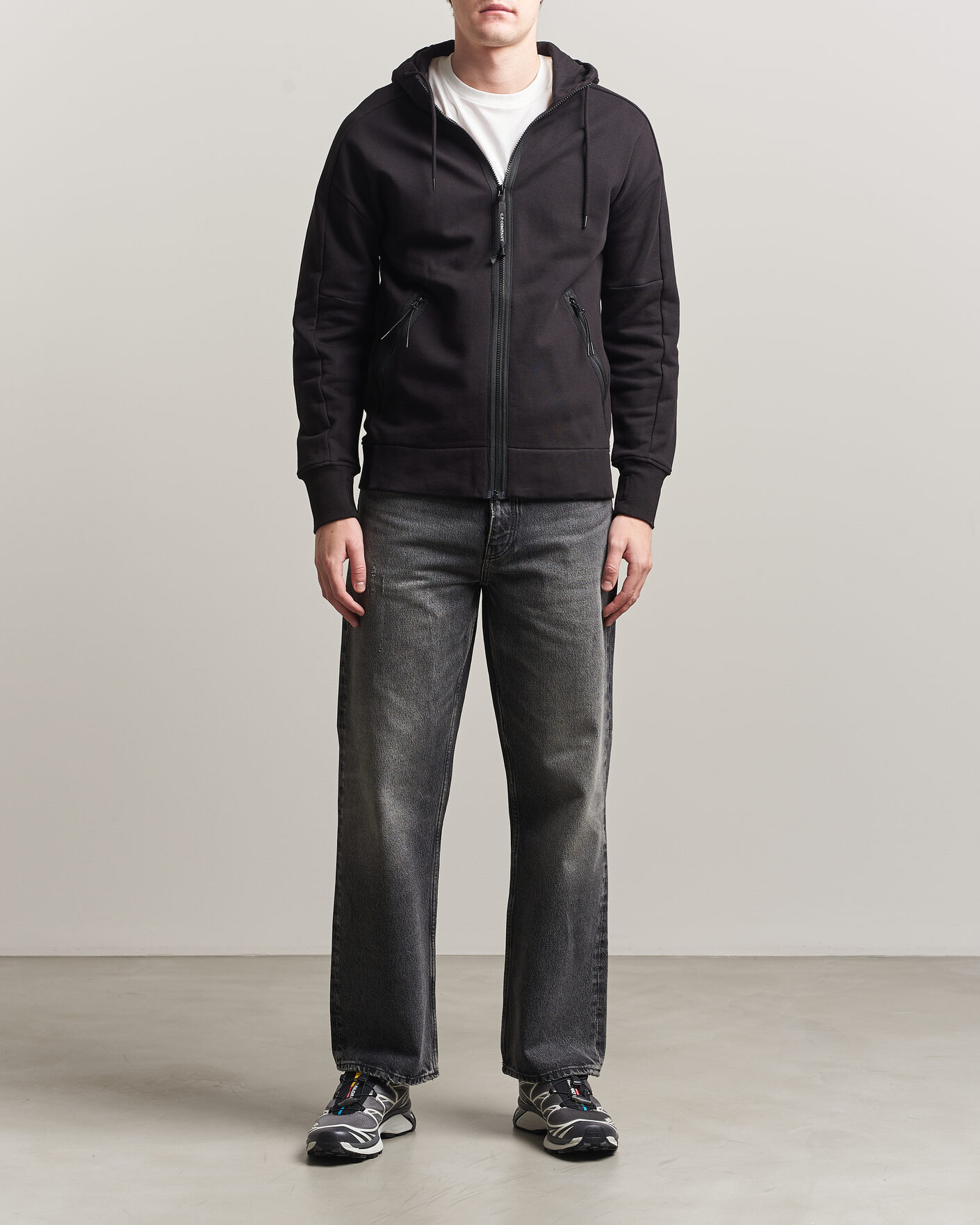 Uomini | Maglieria | C.P. Company | Diagonal Raised Fleece Full Zip Goggle Hoodie Black