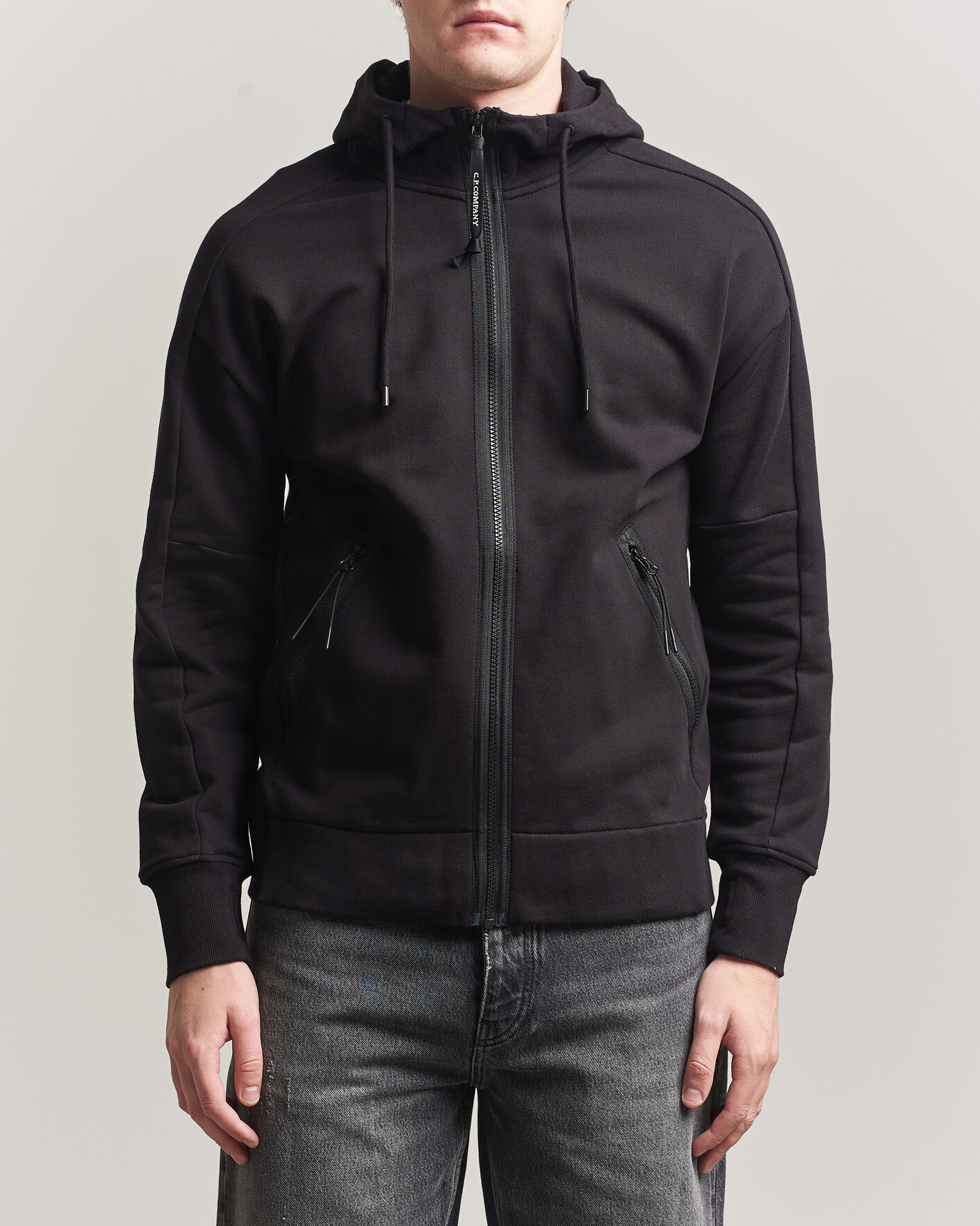 Uomini | Maglieria | C.P. Company | Diagonal Raised Fleece Full Zip Goggle Hoodie Black