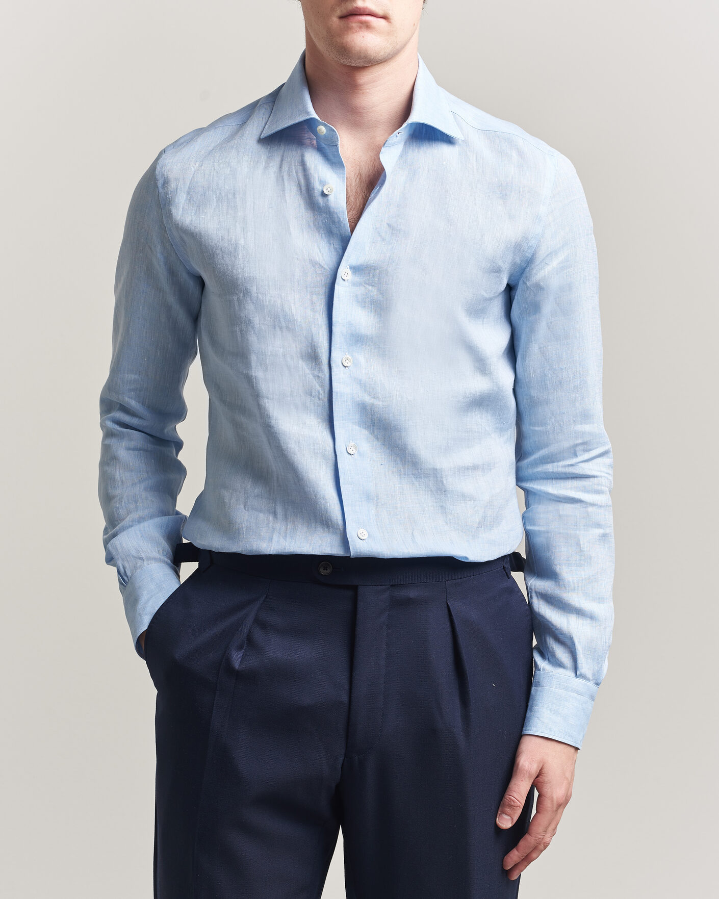Uomini | Camicie | Mazzarelli | Soft Linen Shirt Light Blue