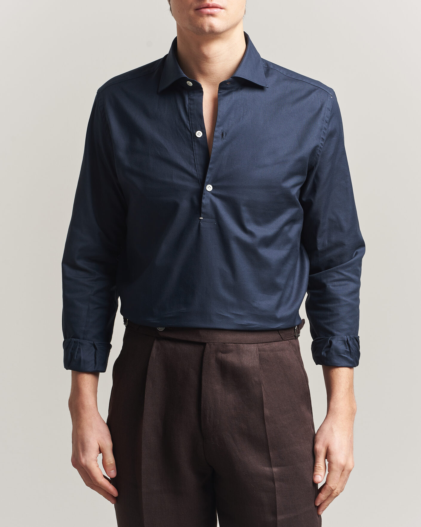 Uomini | Camicie | Mazzarelli | Soft Oxford Popover Shirt Navy