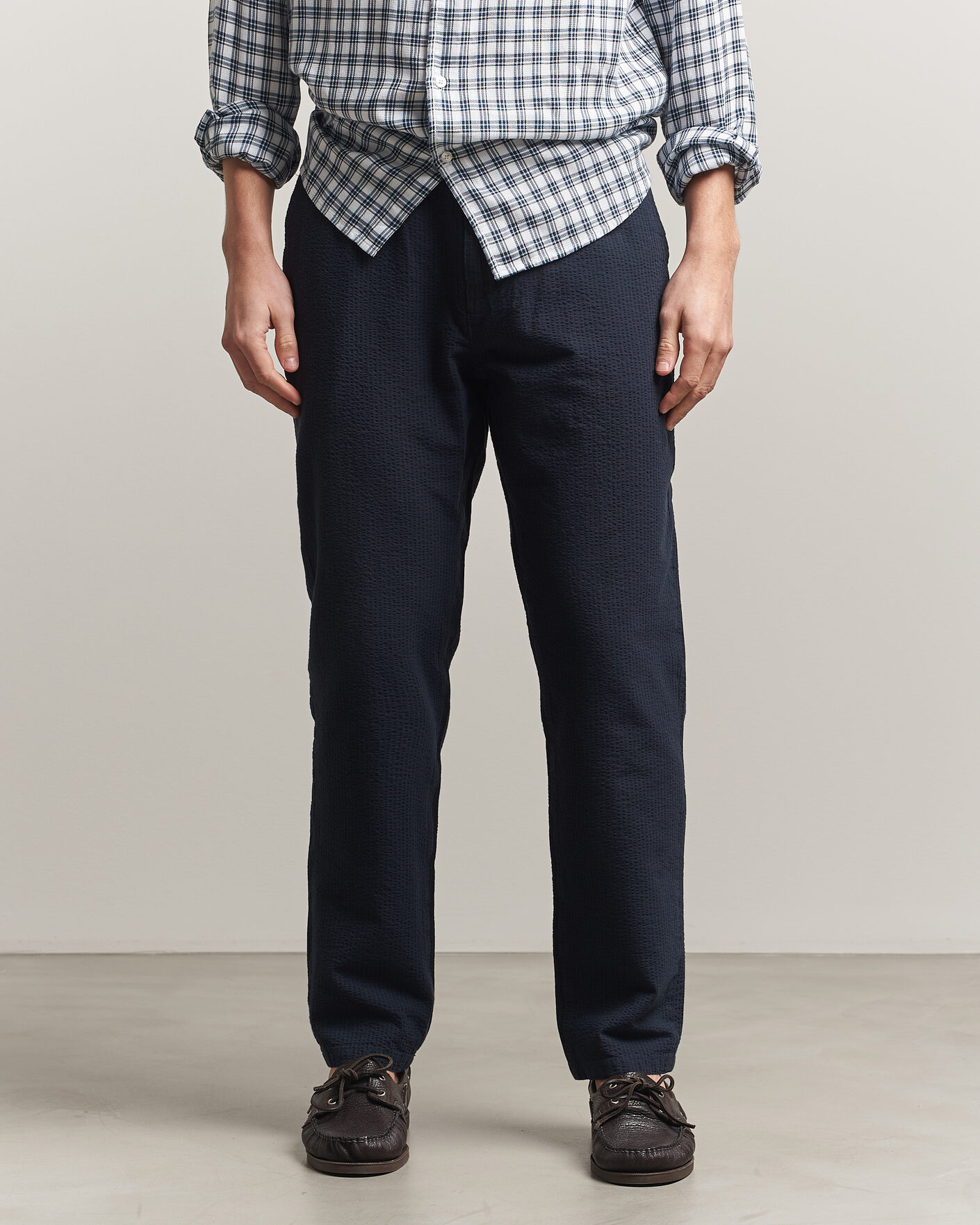 Uomini | Pantaloni | Morris | Fenix Seersucker Trousers Dark Blue