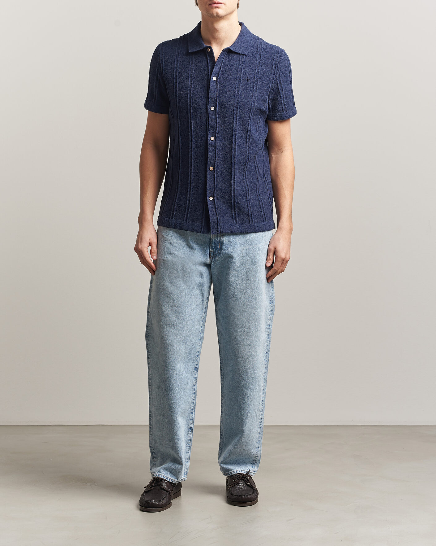 Uomini | Camicie | Morris | Clayton Knitted Short Sleeve Shirt Dark Blue