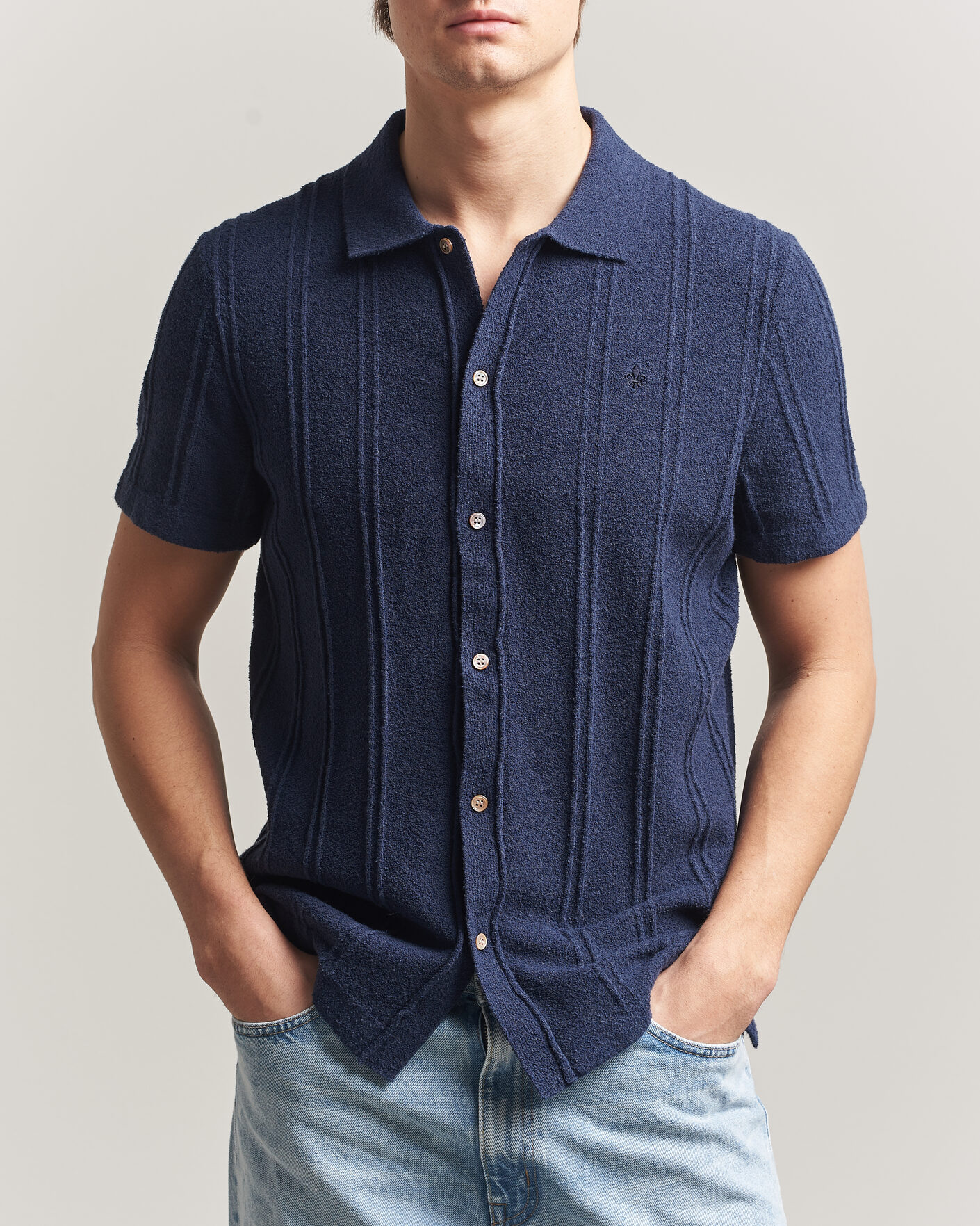 Uomini | Camicie | Morris | Clayton Knitted Short Sleeve Shirt Dark Blue
