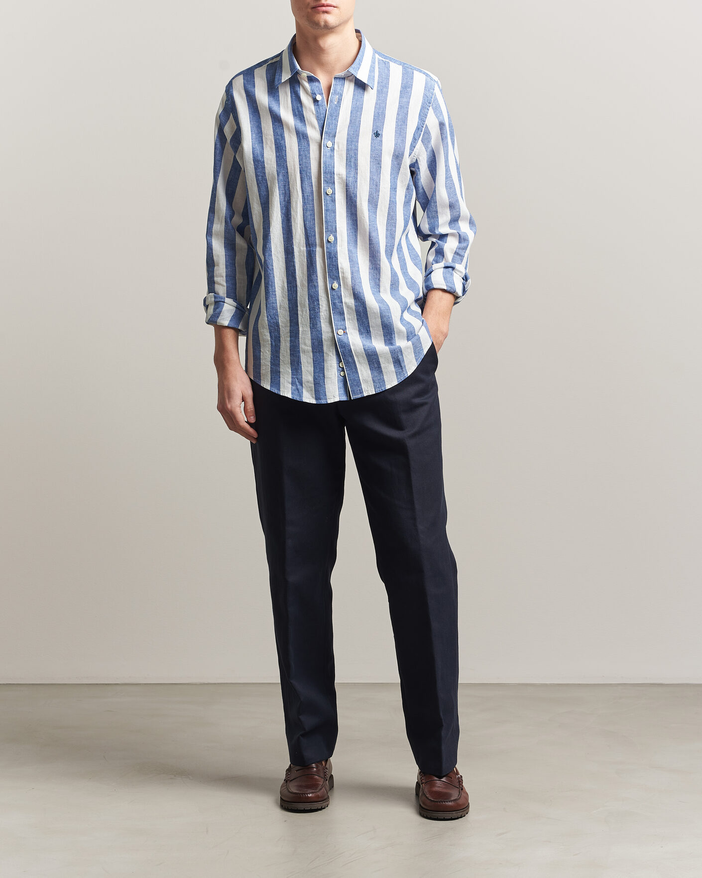 Uomini | Camicie | Morris | Douglas Linen Striped Shirt Blue/White