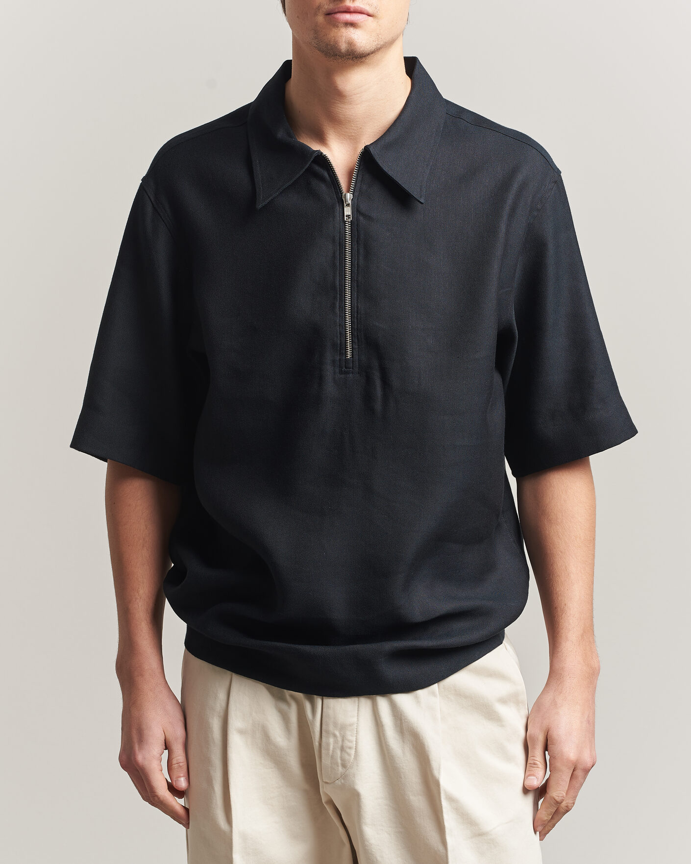 Uomini | Polo | NN07 | Bruno Linen/Viscose Half Zip Polo Black