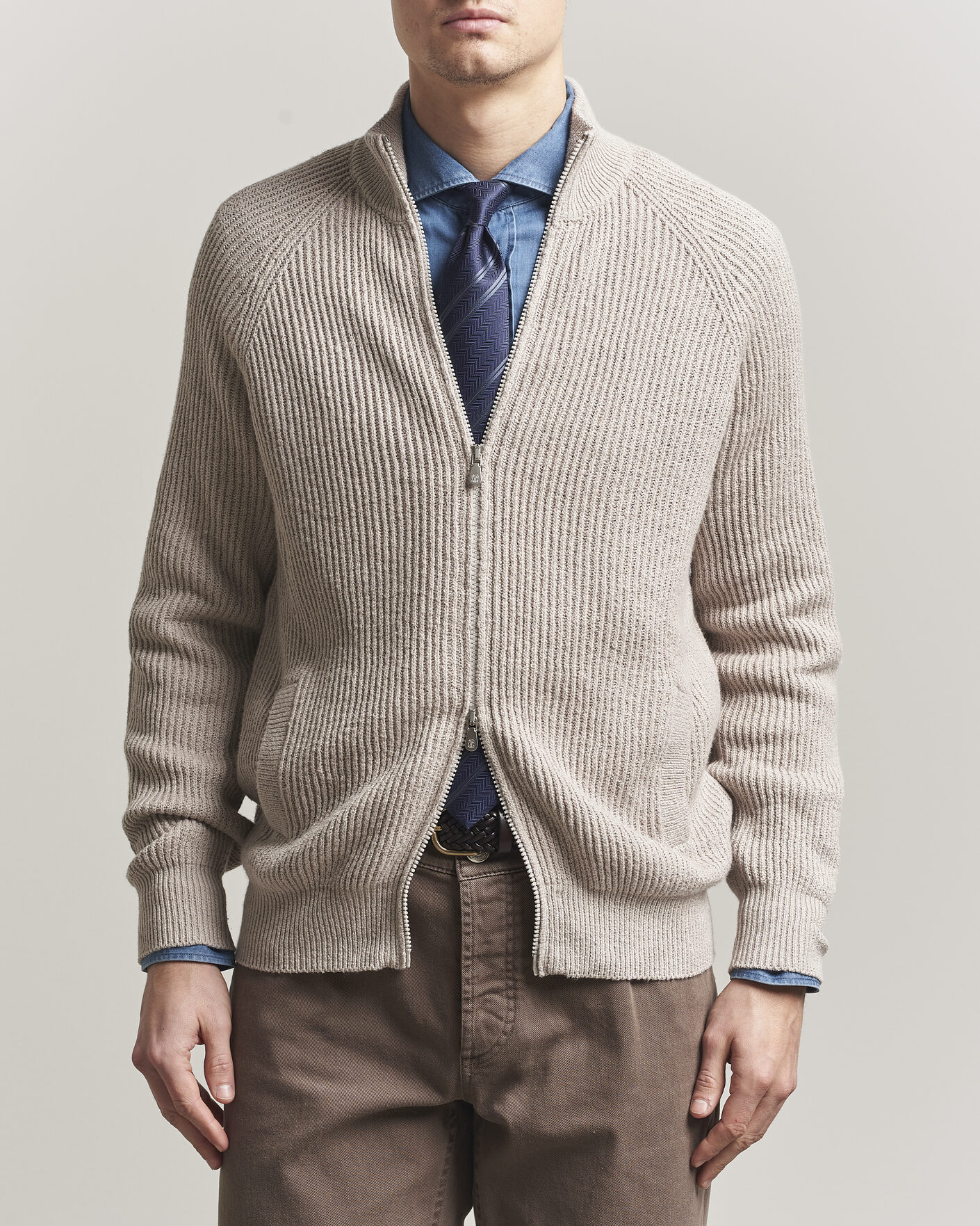 Uomini | Maglieria | Brunello Cucinelli | Heavy Cotton Rib Zip Cardigan Beige