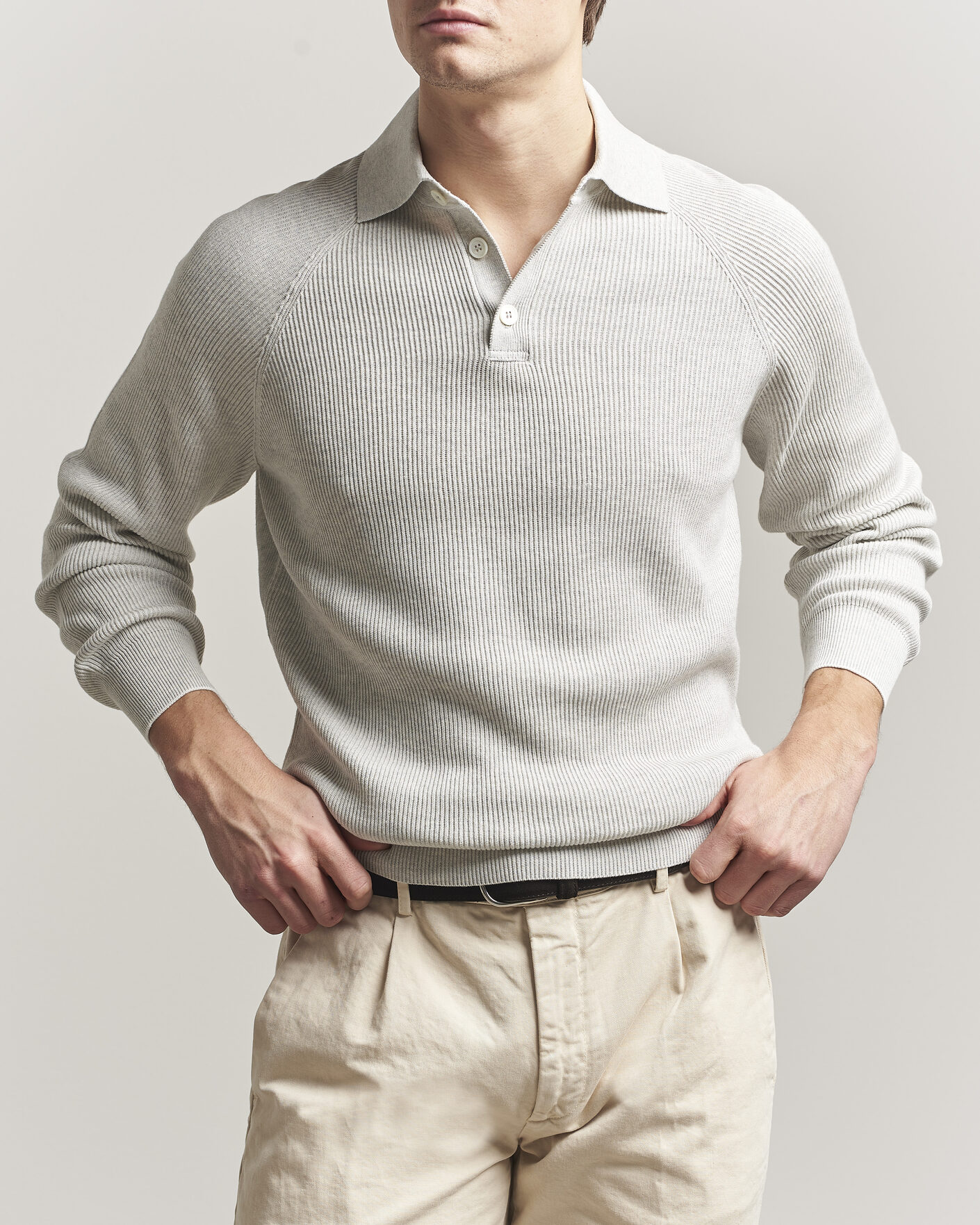 Uomini | Maglieria | Brunello Cucinelli | Cotton Rib Knitted Long Sleeve Polo Light Grey