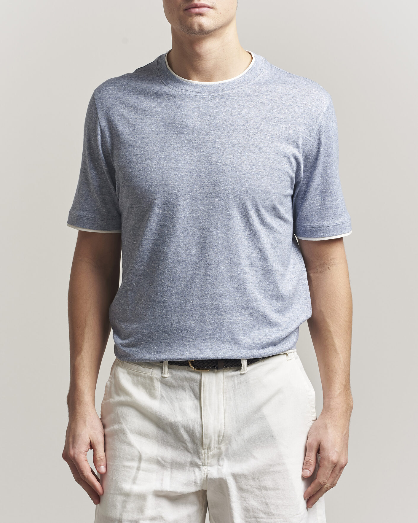 Uomini | T-shirt | Brunello Cucinelli | Double Collar Linen T-Shirt Light Blue