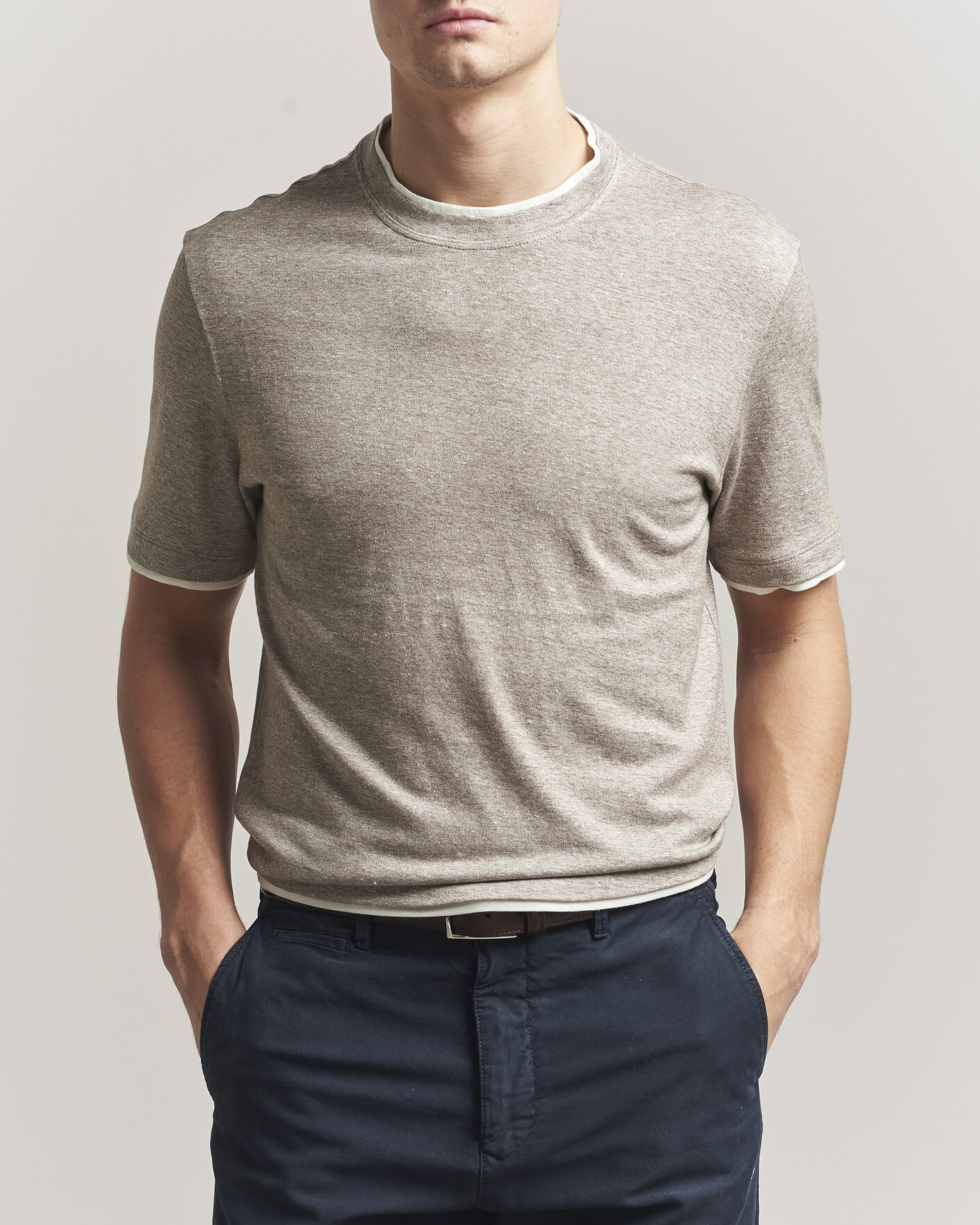 Uomini | T-shirt | Brunello Cucinelli | Double Collar Linen T-Shirt Brown