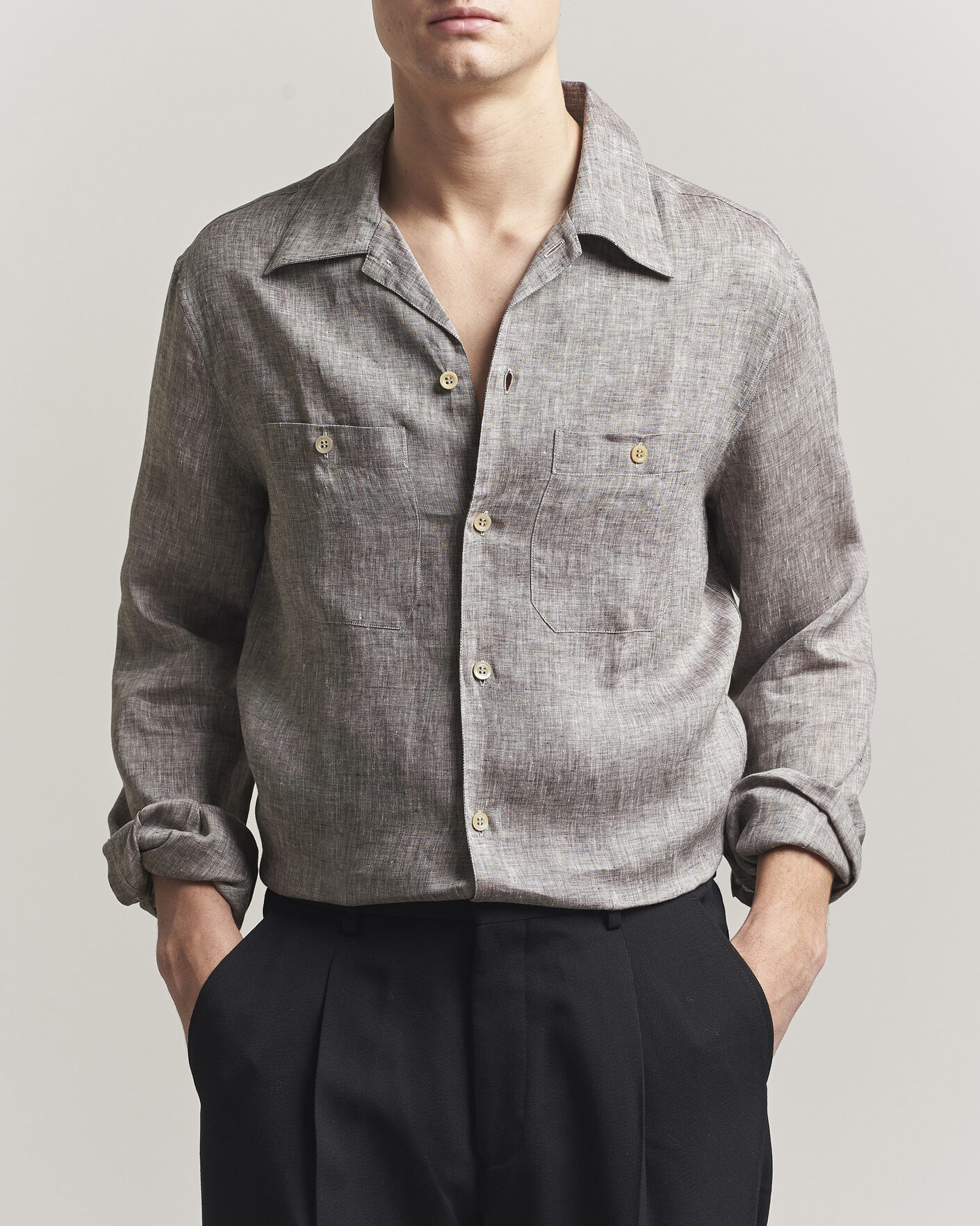 Uomini | Camicie | Brunello Cucinelli | Linen Double Pocket Camp Shirt Brown