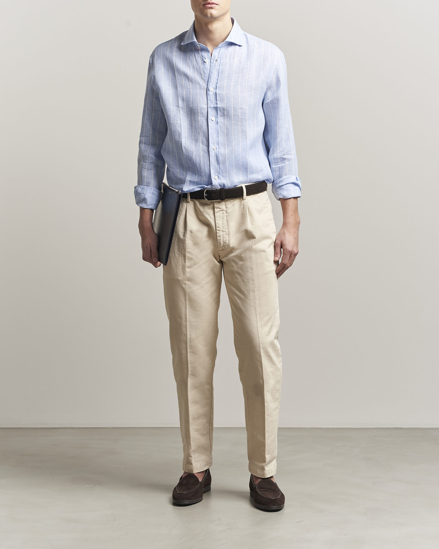 Uomini | Camicie | Brunello Cucinelli | Easy Fit Linen Shirt Light Blue Stripe