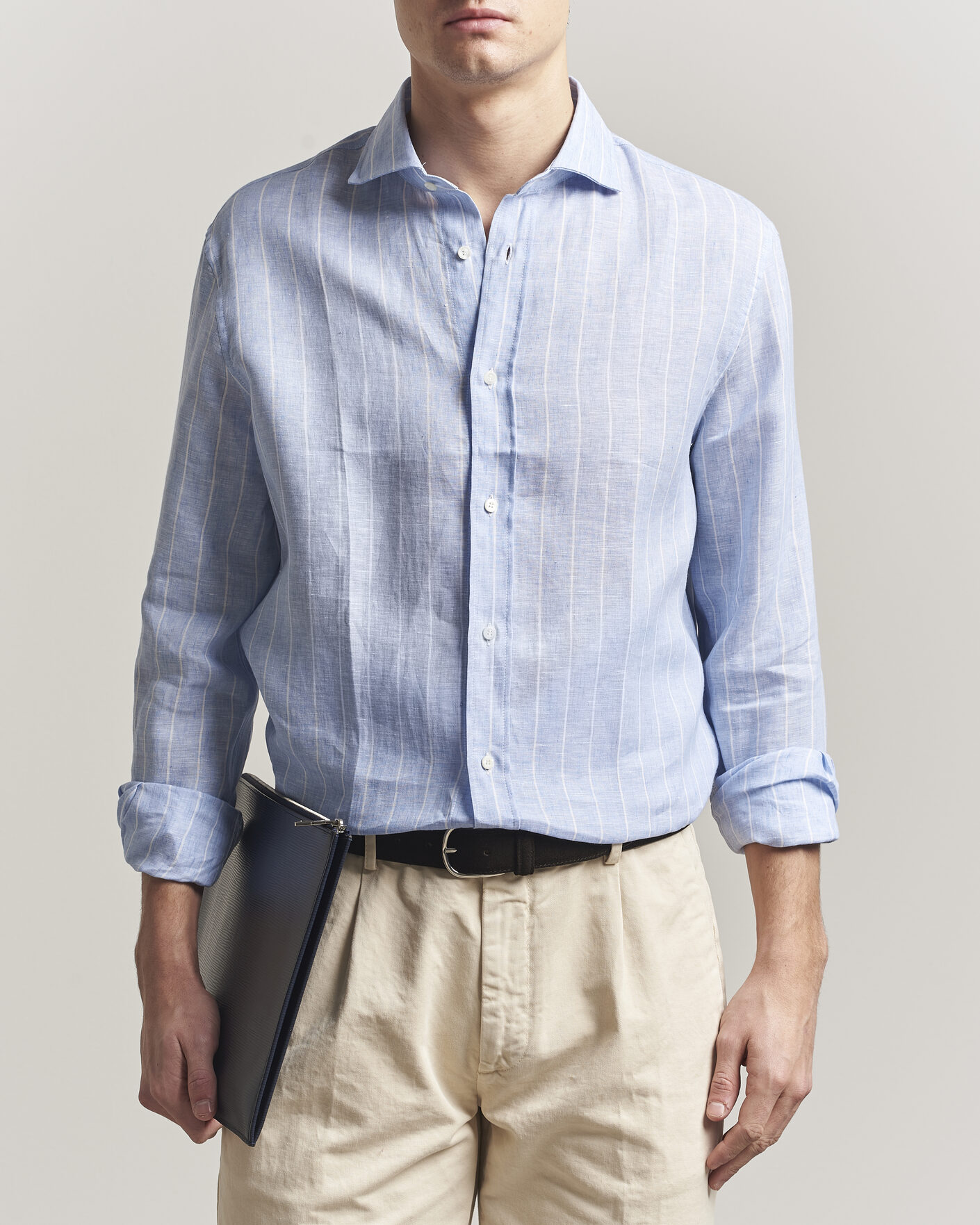 Uomini | Camicie | Brunello Cucinelli | Easy Fit Linen Shirt Light Blue Stripe