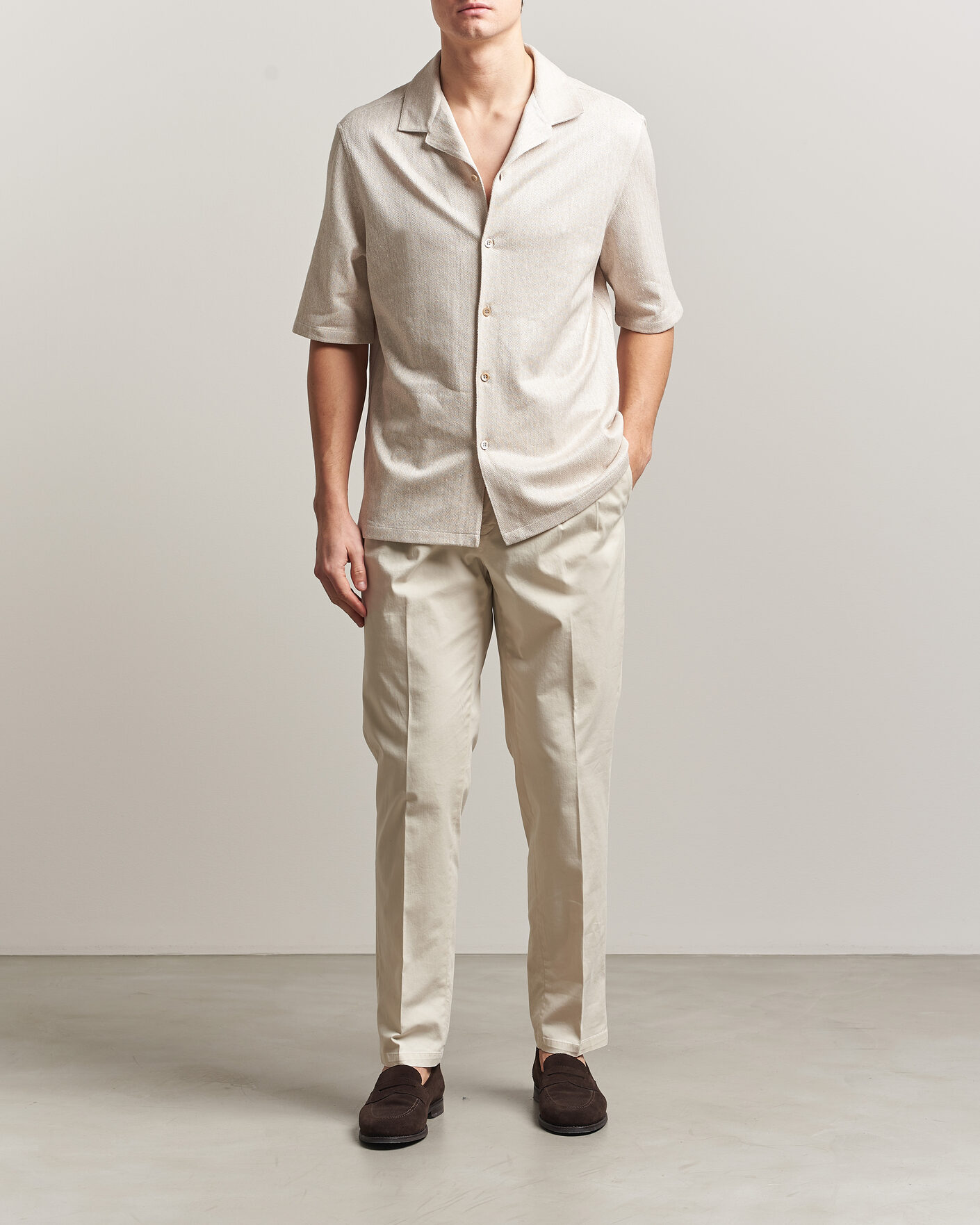 Uomini | Camicie | Brunello Cucinelli | Linen Herringbone Camp Shirt Light Beige