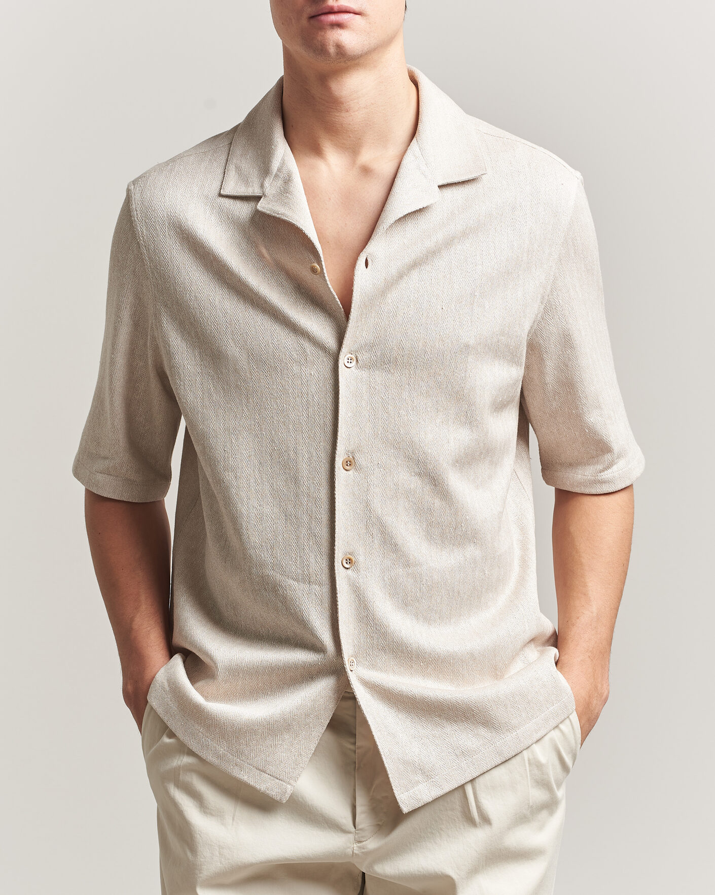 Uomini | Camicie | Brunello Cucinelli | Linen Herringbone Camp Shirt Light Beige