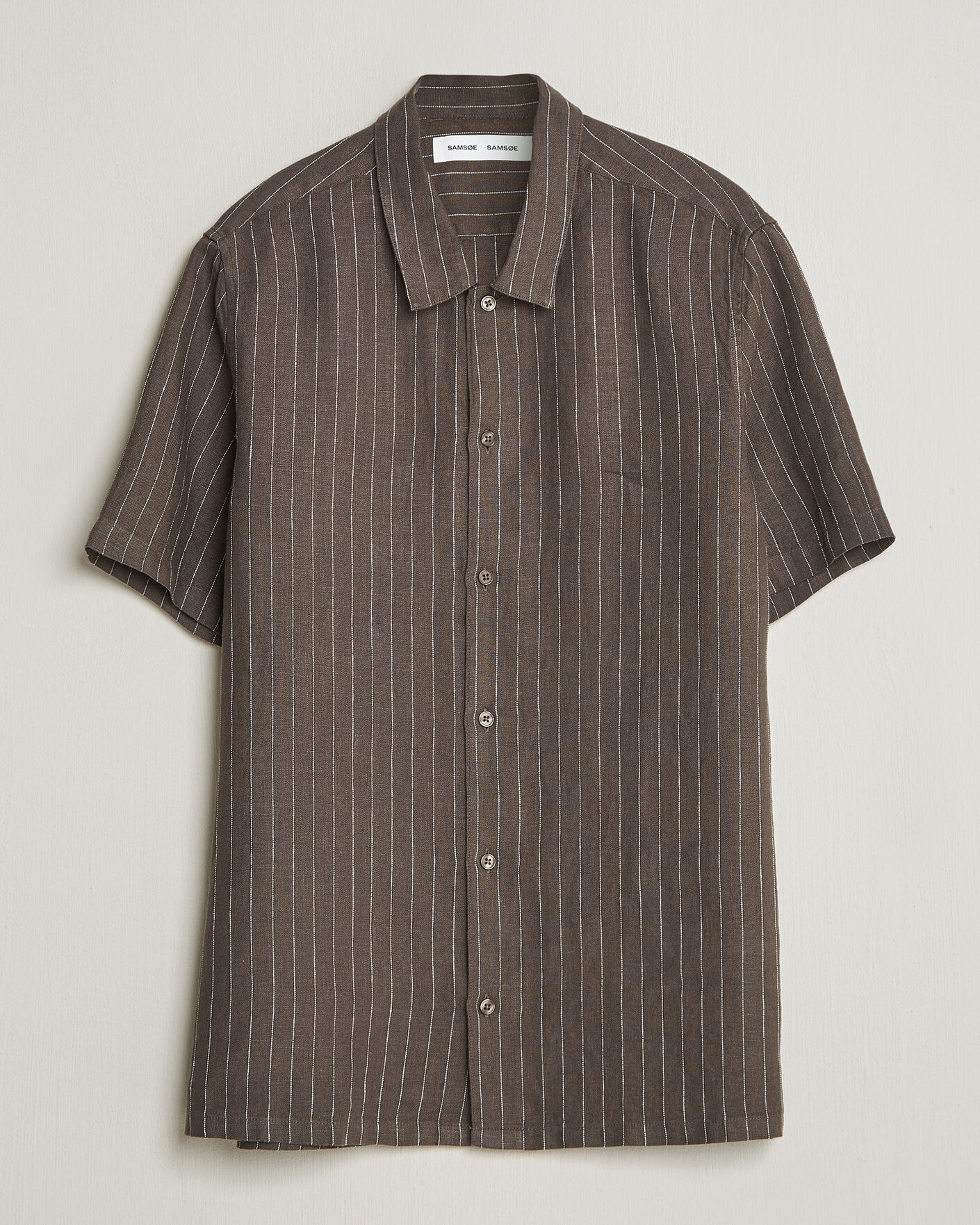 Uomini | Camicie | Samsøe Samsøe | Avan Linen Striped Short Sleeve Shirt Black Olive