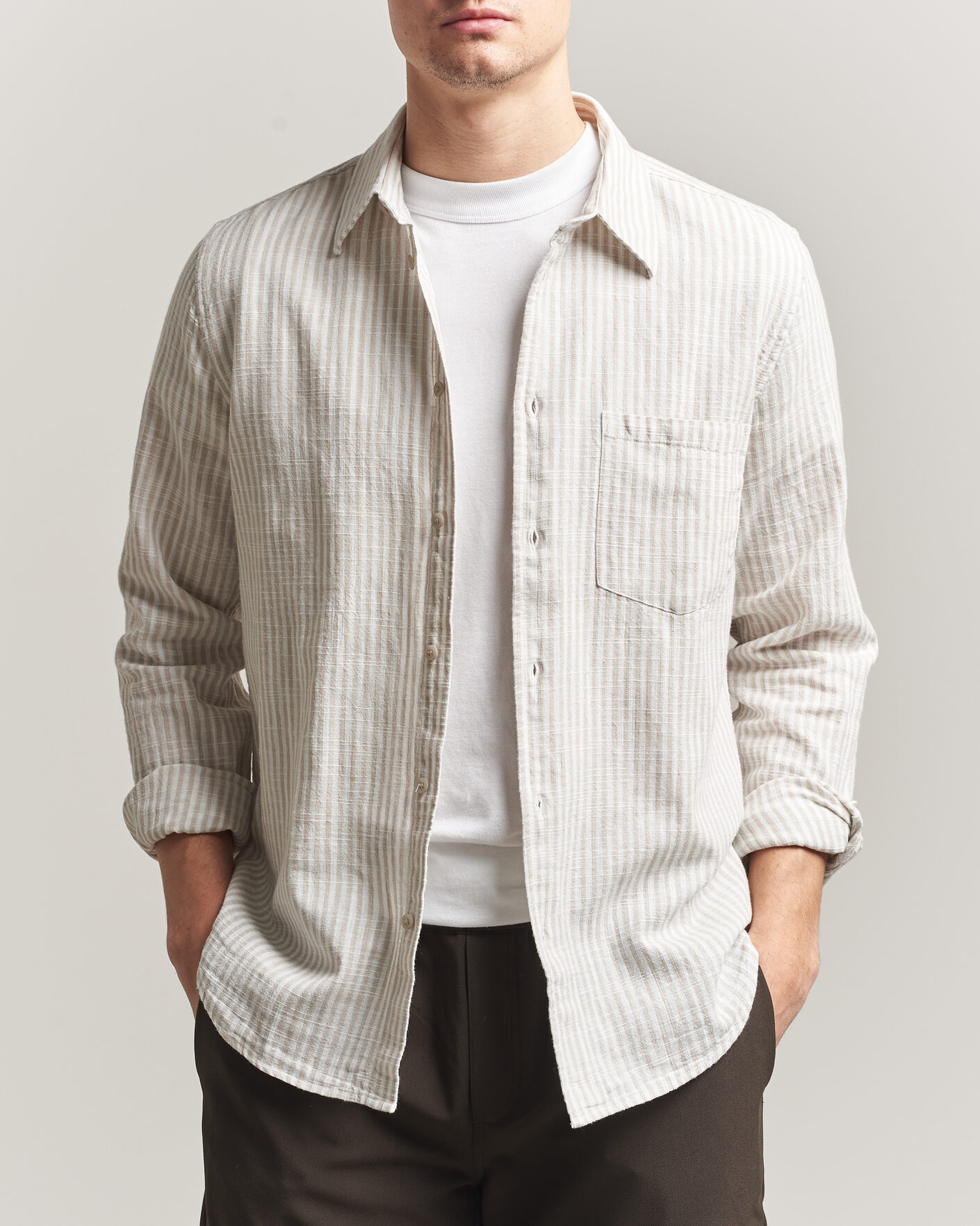 Uomini | Camicie | Samsøe Samsøe | Liam Cotton/Linen Striped Shirt Moonstruck