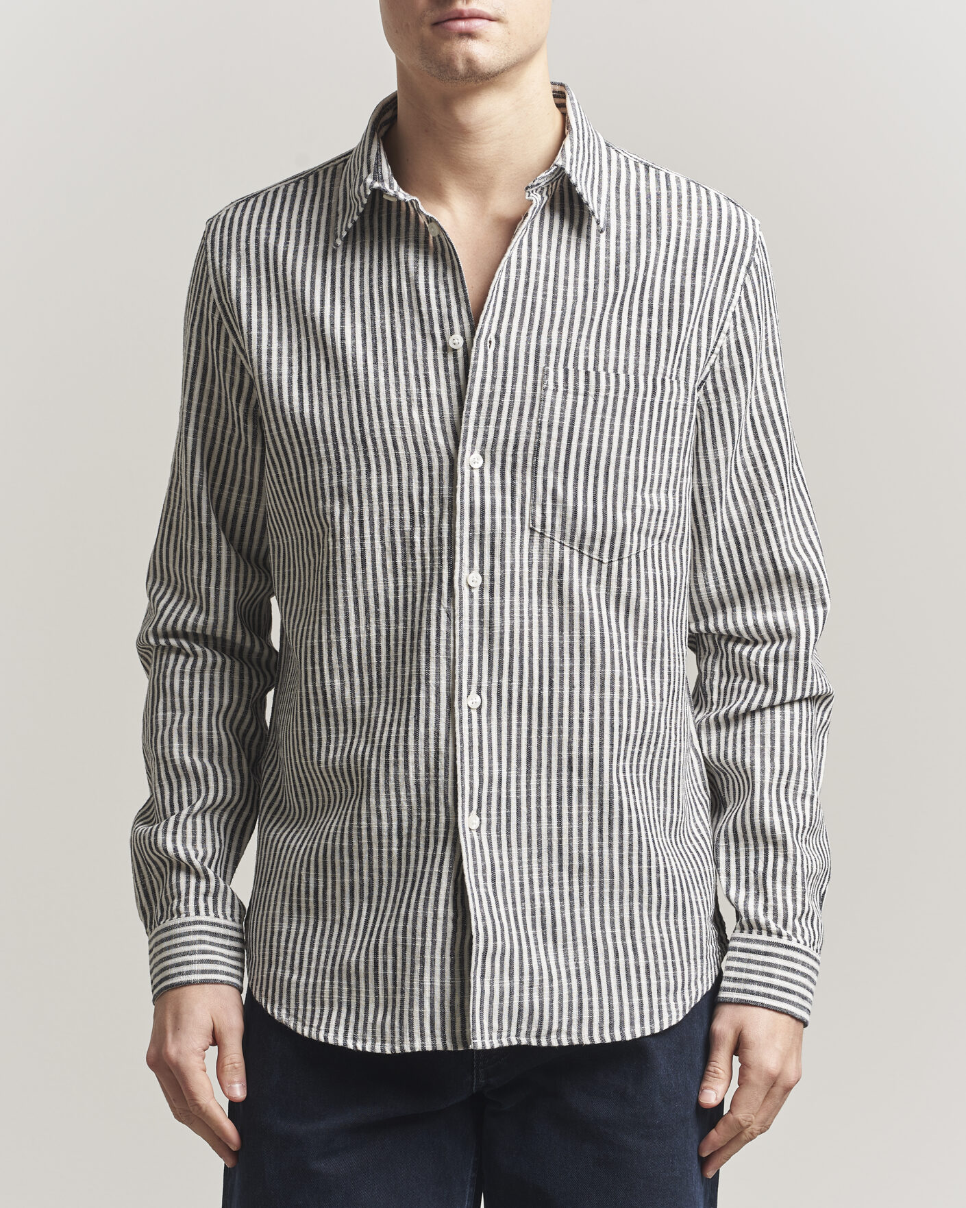 Uomini | Camicie | Samsøe Samsøe | Liam Cotton/Linen Striped Shirt Salute Navy