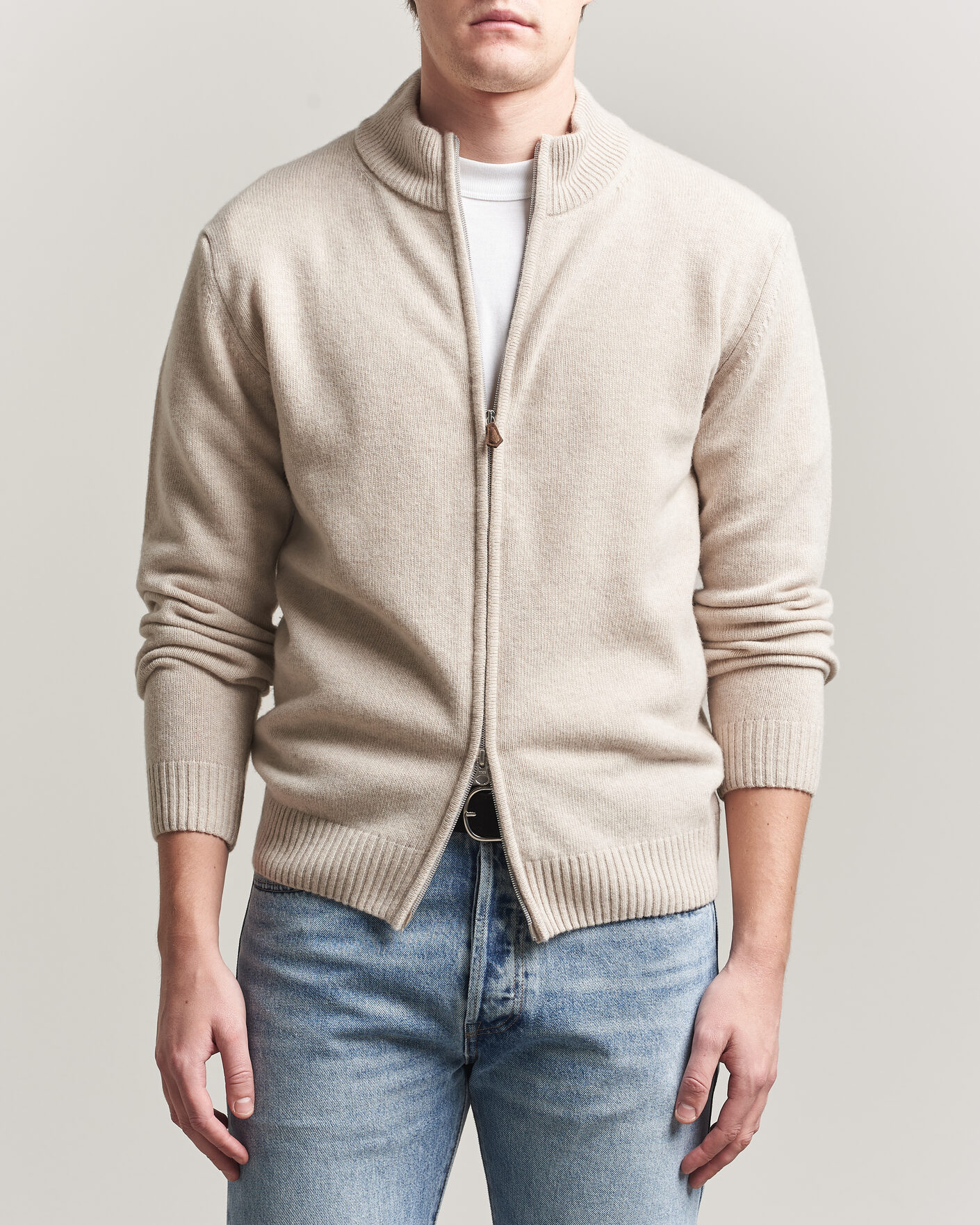 Uomini | Maglieria | Stenströms | Brushed Merino Full Zip Beige