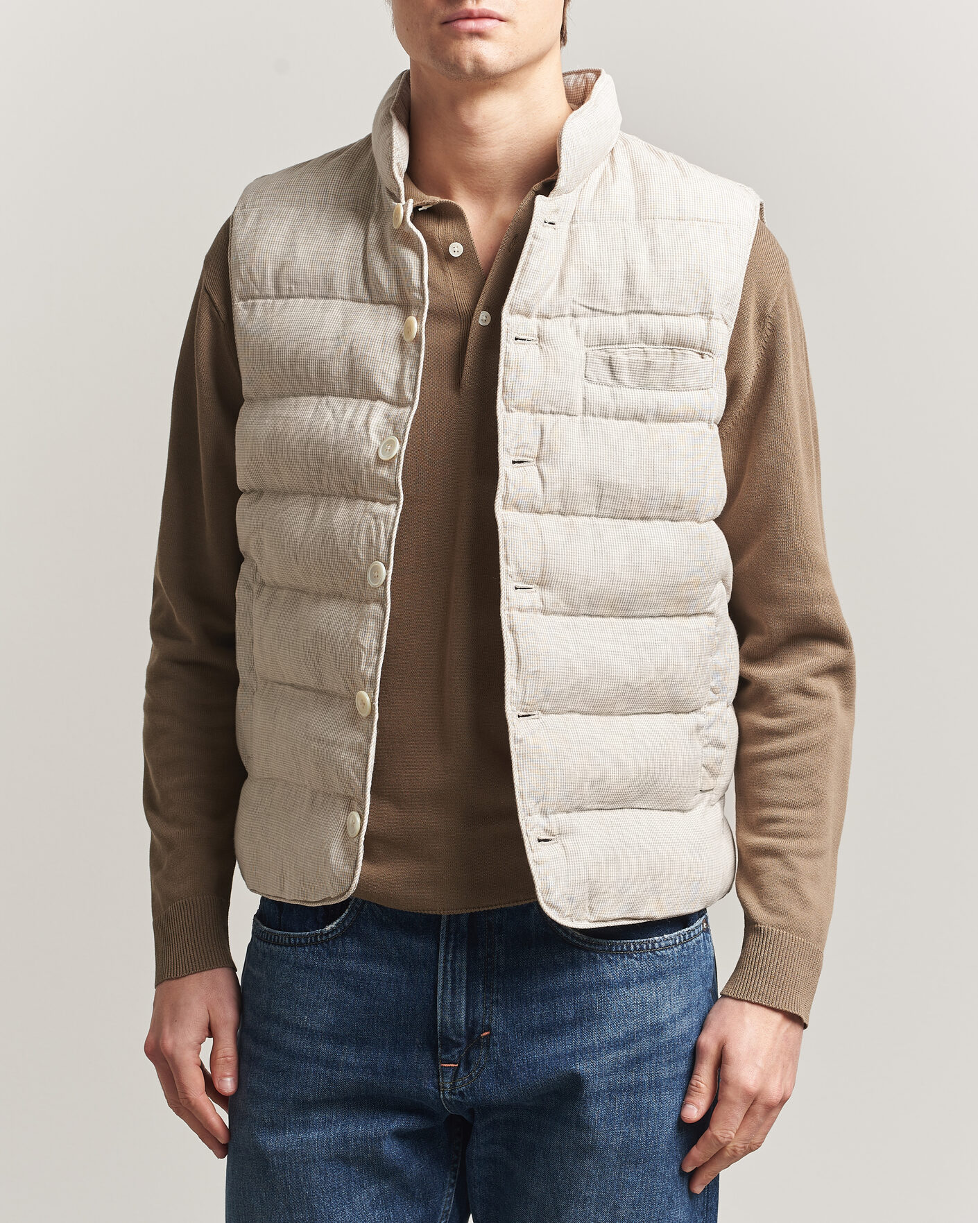 Uomini | Gilet | Stenströms | Padded Mini Houndstooth Linen Vest Beige