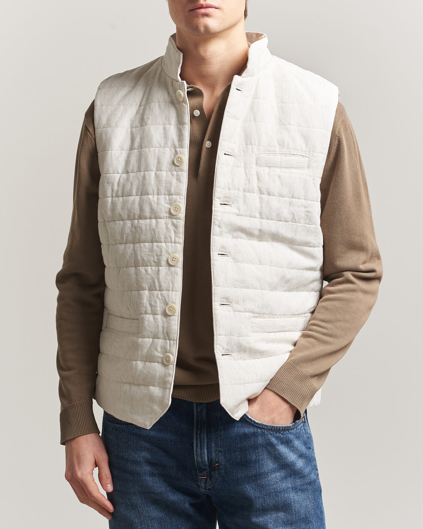 Uomini | Gilet | Stenströms | Mid Layer Pin Stripe Linen Vest Off White