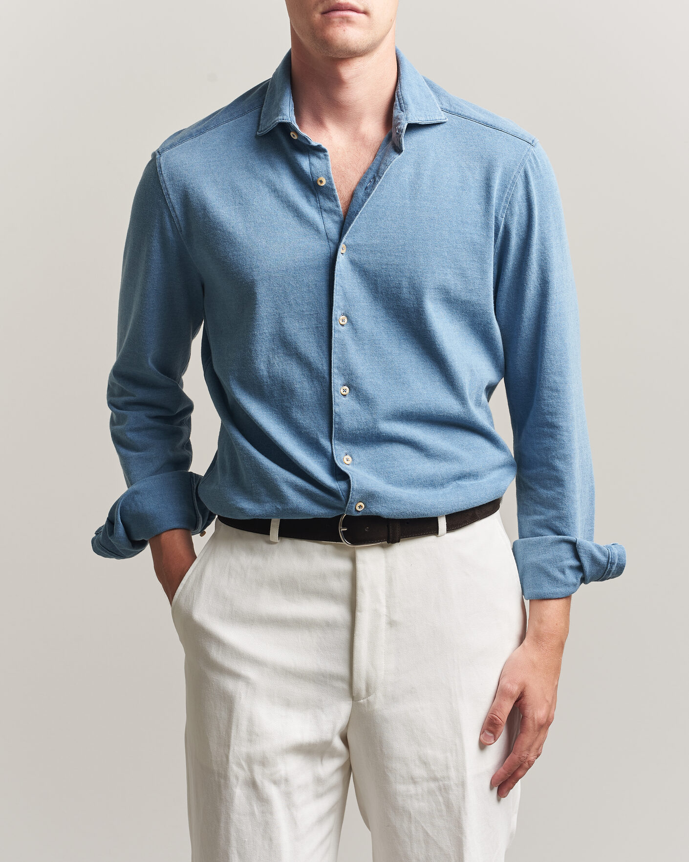 Uomini | Camicie | Stenströms | Jersey Denim Shirt Blue