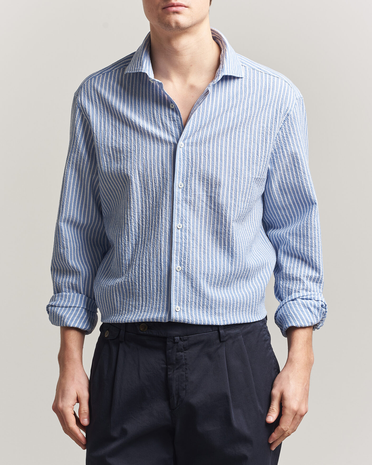 Uomini | Camicie | Stenströms | Regular Fit Striped Seersucker Shirt Blue