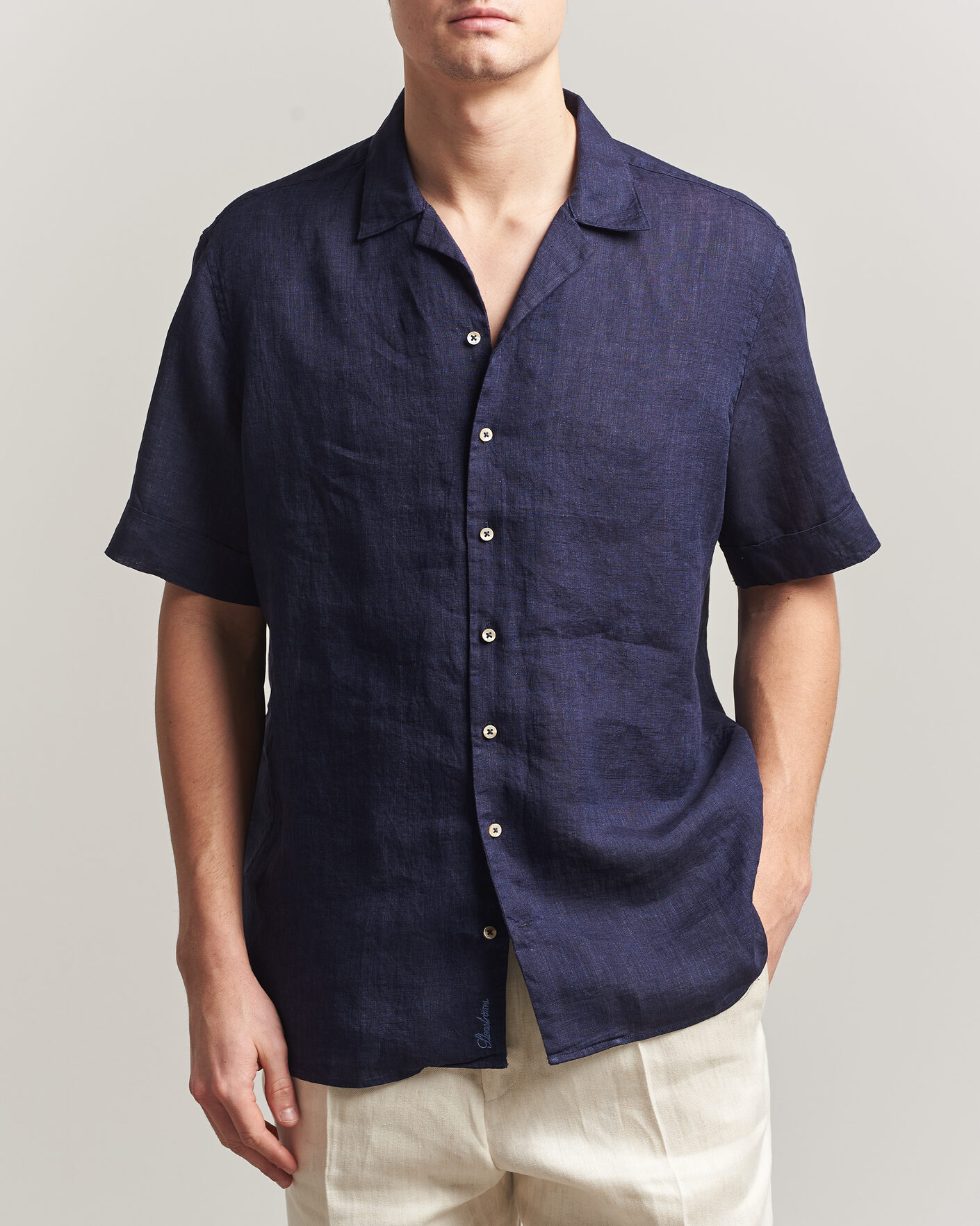 Uomini | Camicie | Stenströms | Short Sleeve Linen Shirt Navy