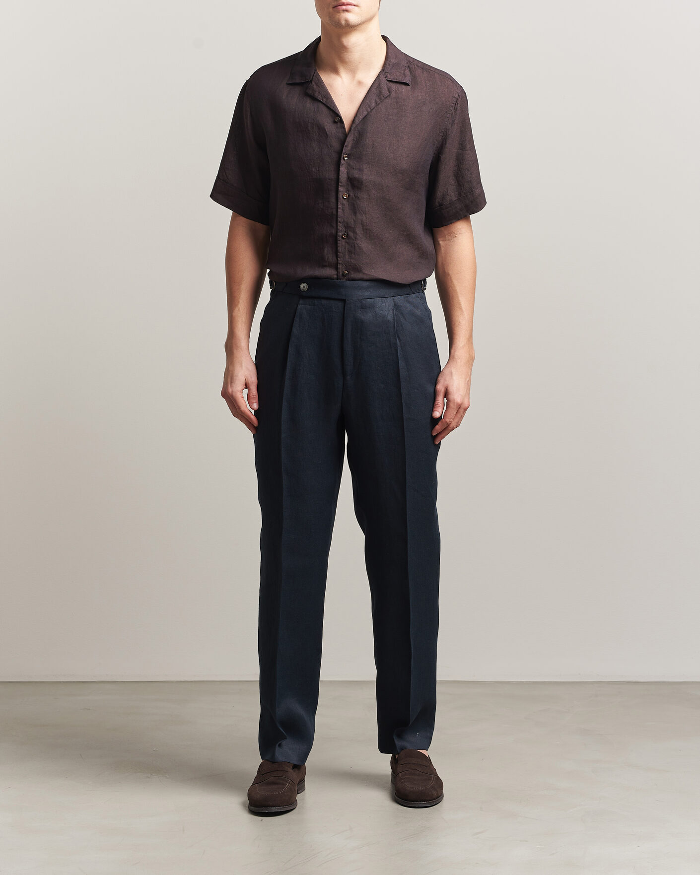 Uomini | Camicie | Stenströms | Short Sleeve Linen Shirt Dark Brown