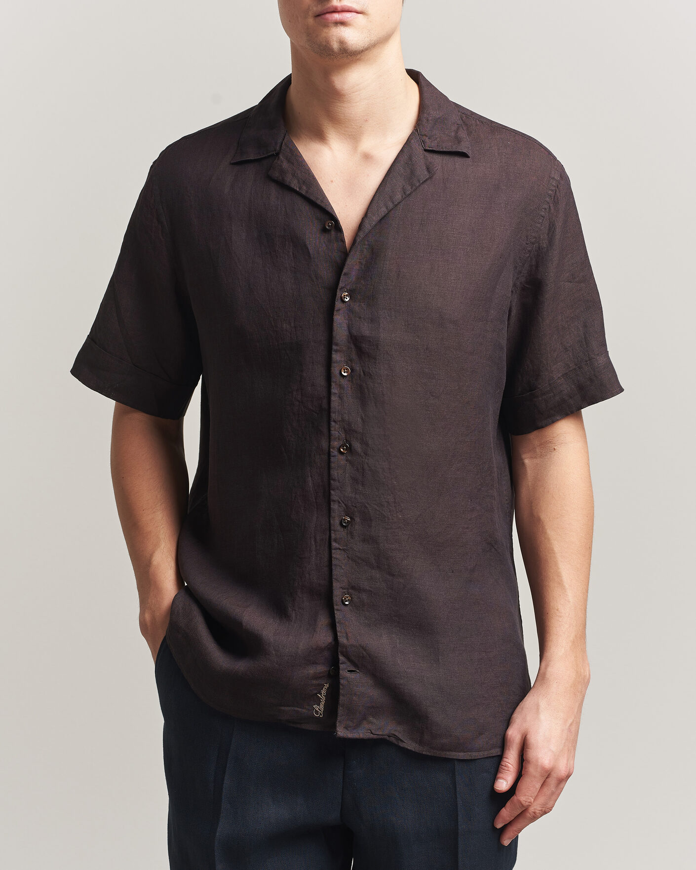 Uomini | Camicie | Stenströms | Short Sleeve Linen Shirt Dark Brown