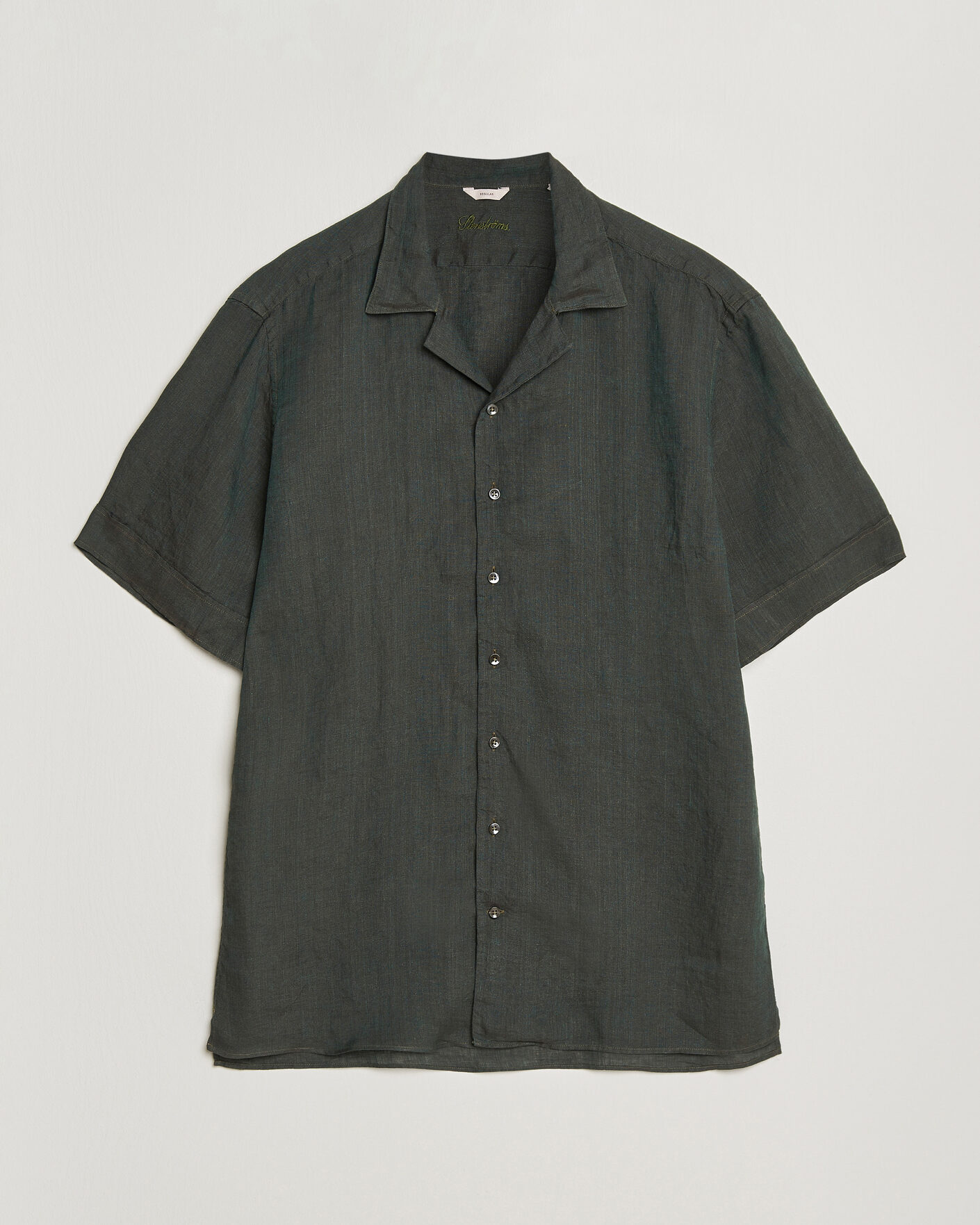 Uomini | Camicie | Stenströms | Short Sleeve Linen Shirt Dark Green