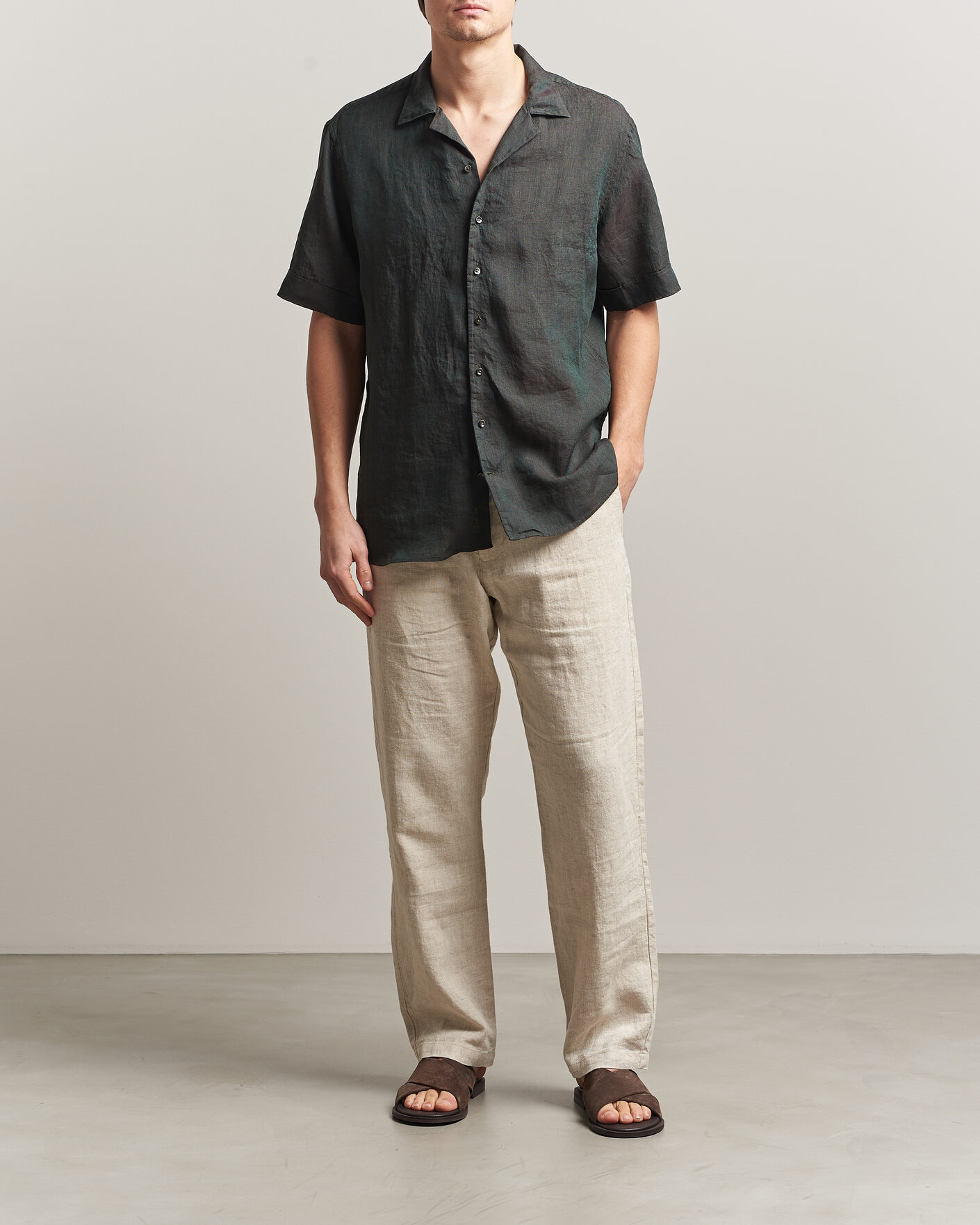 Uomini | Camicie | Stenströms | Short Sleeve Linen Shirt Dark Green