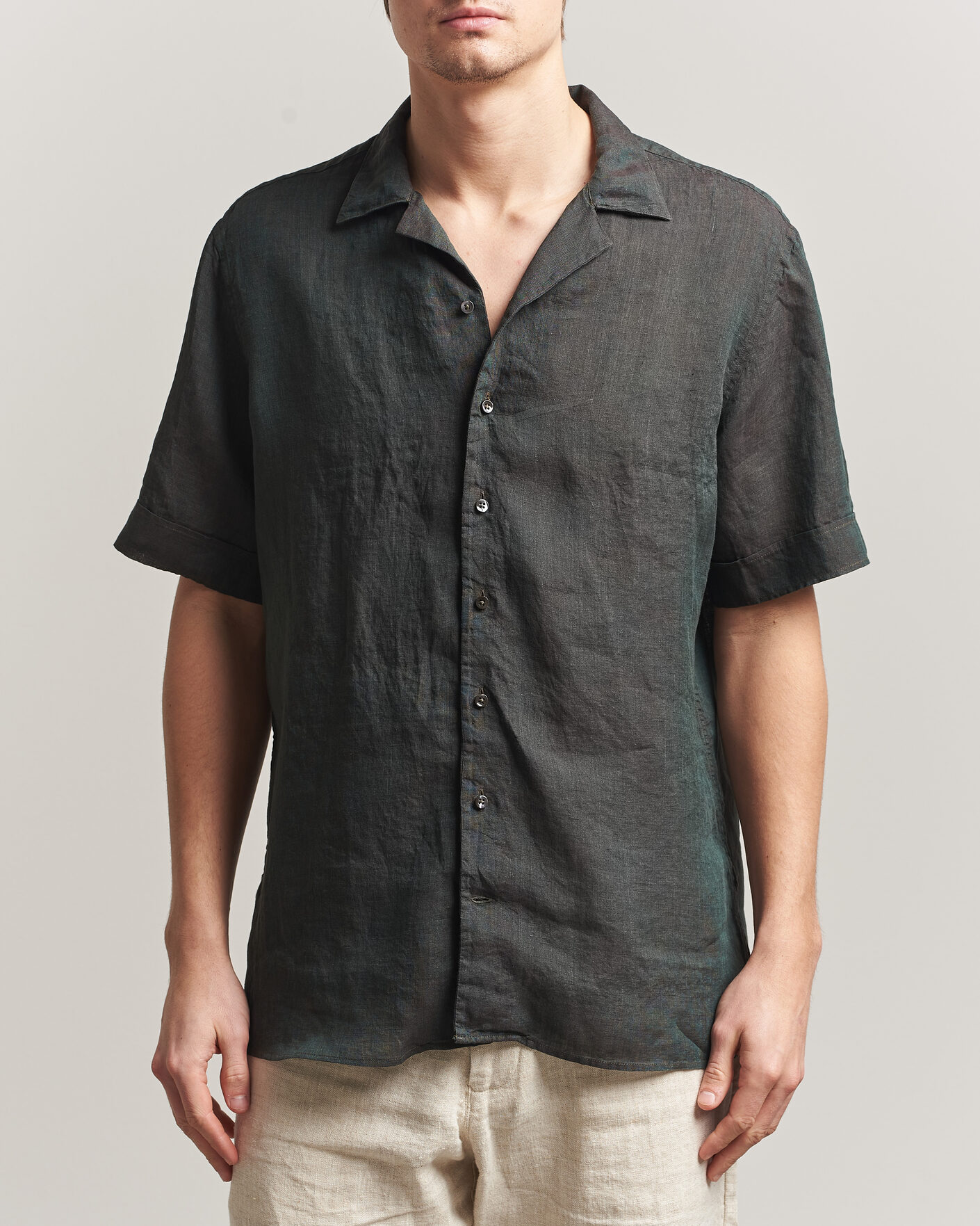 Uomini | Camicie | Stenströms | Short Sleeve Linen Shirt Dark Green