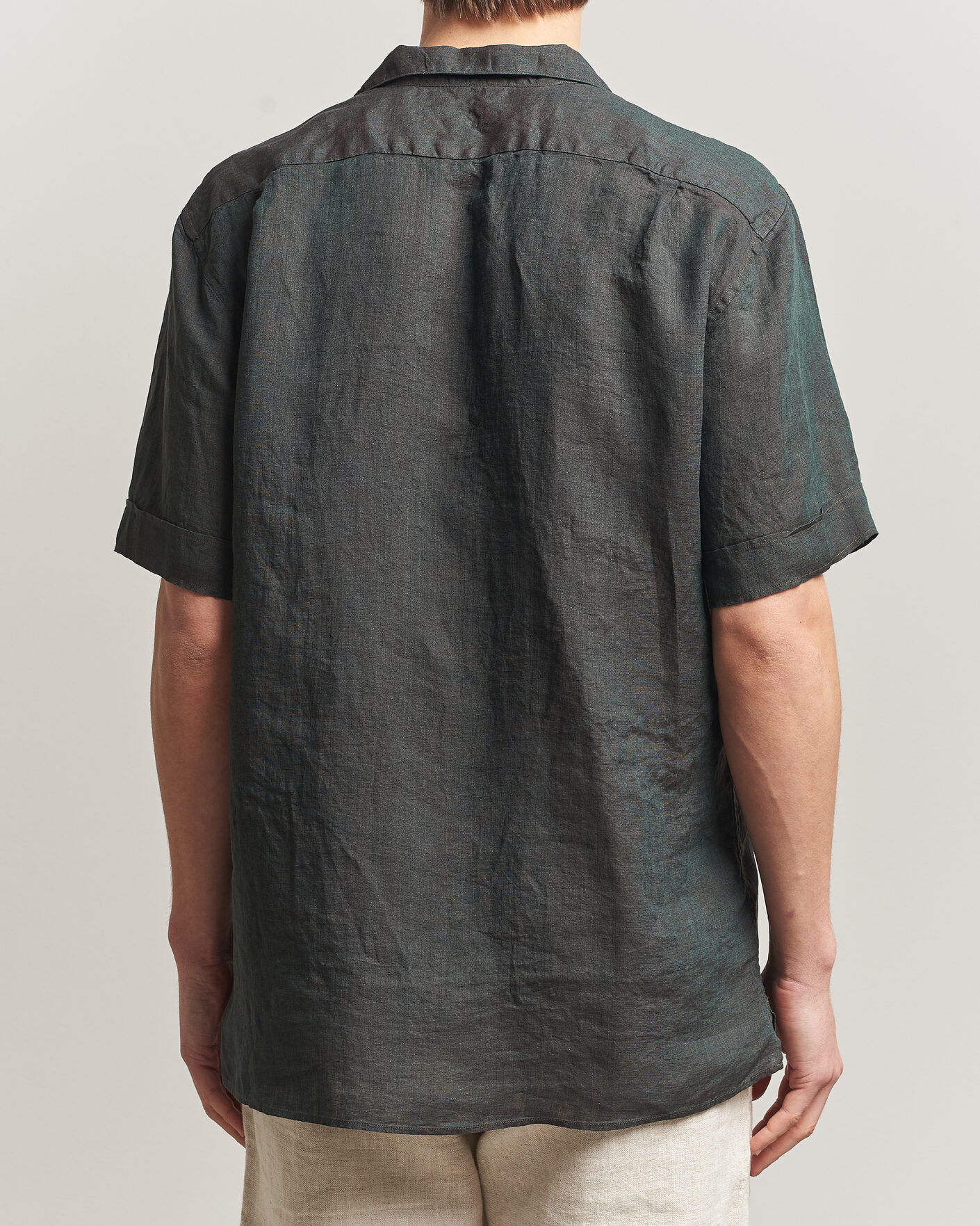 Uomini | Camicie | Stenströms | Short Sleeve Linen Shirt Dark Green